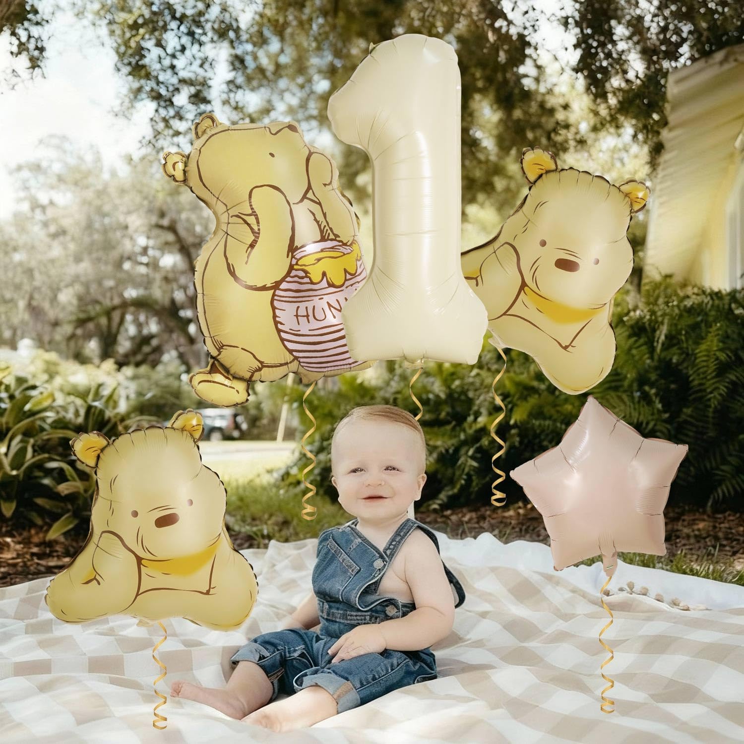 6Pcs Winnie Pooh 1st Birthday Decorations – Vintage Pooh Bear 3D Foil Balloon Set for Baby Boys and Girls First Year Party Decor - Image 8