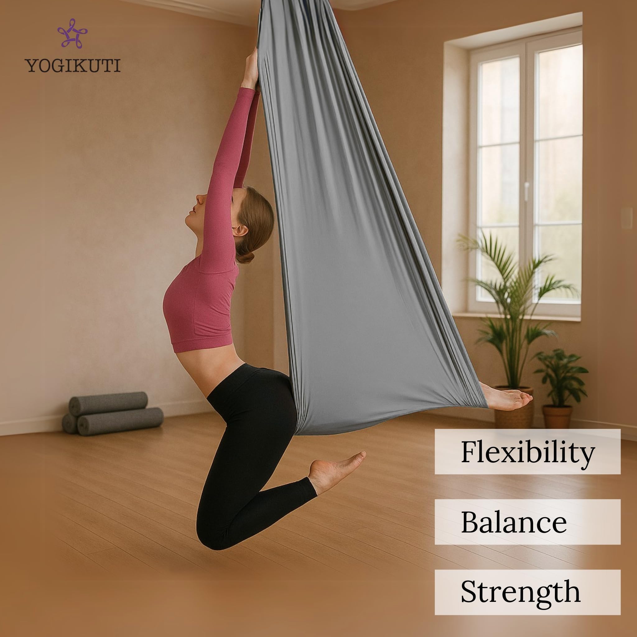 Yogikuti Aerial Yoga – Amaca per yoga volante, per rilassarsi, stretching, riduzione dello stress e mal di schiena (argento)