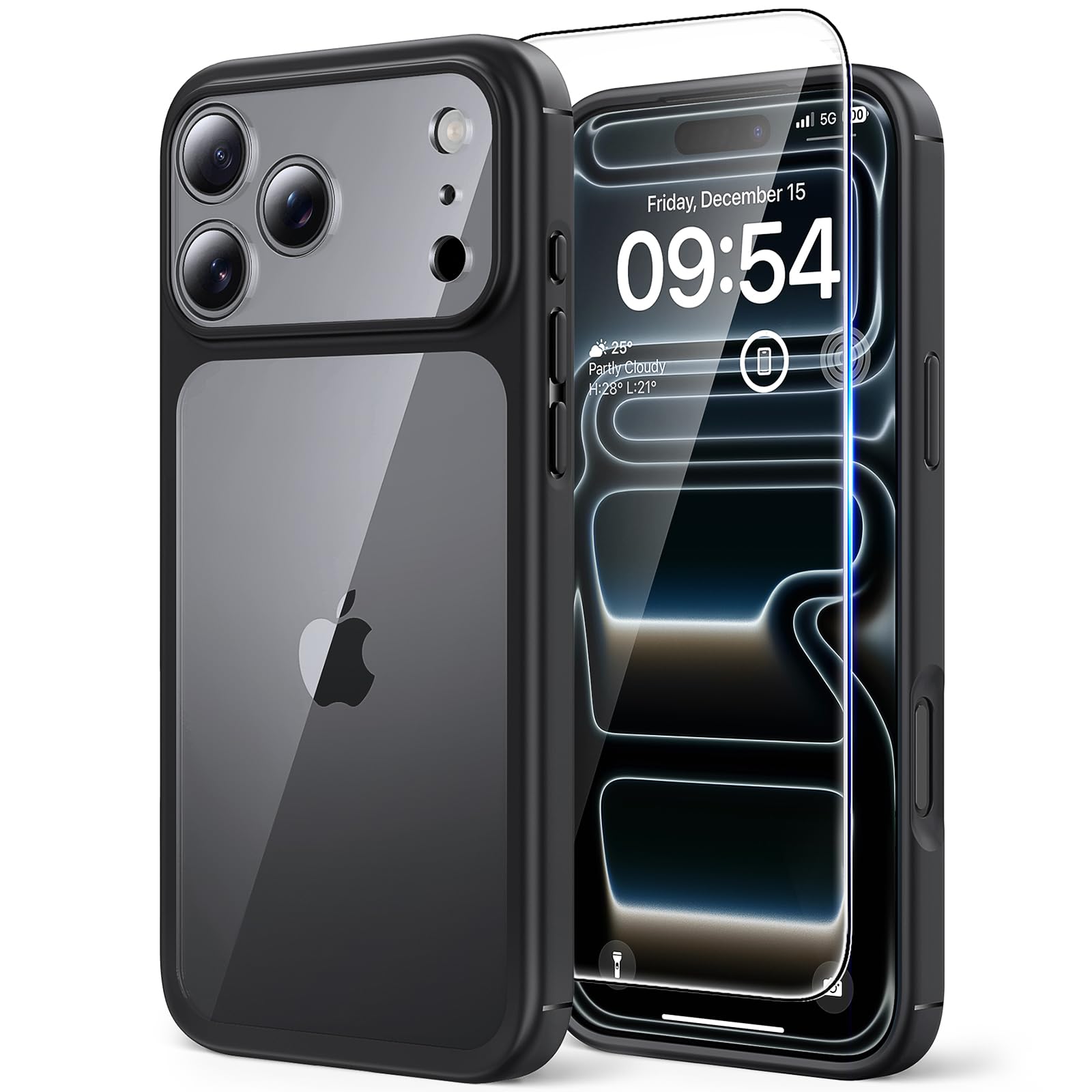 TAURI Cover per iPhone 17 Pro con Pellicola in Vetro Temperato,Protezione Completa della Fotocamera,Custodia per Sottile Antishock, Anticaduta - Nero