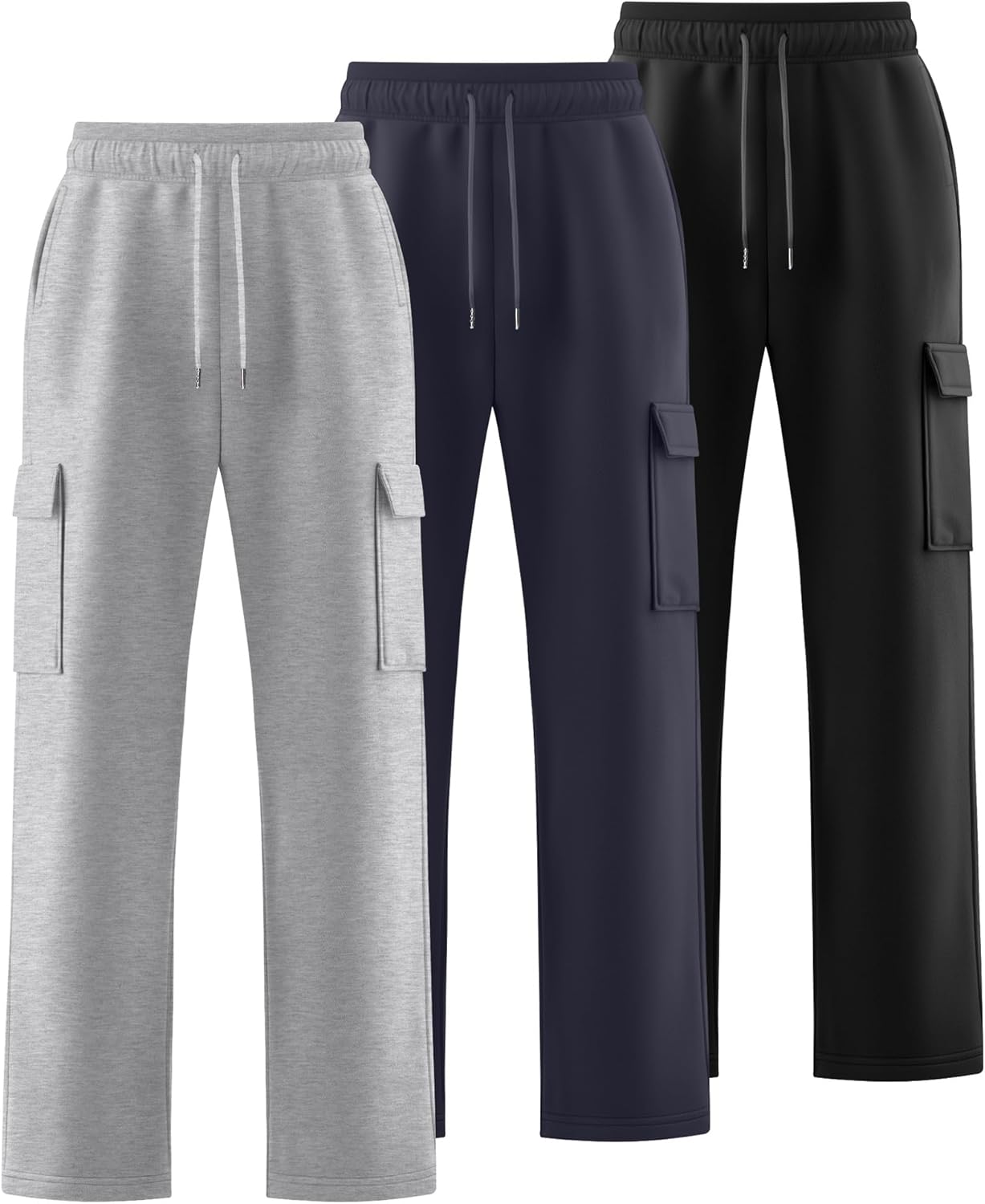 3 Pack Men's Cargo Sweatpants Drawstring Thin Straight Leg Pants Casual Baggy Open Bottom Jogger with Pockets - Image 4