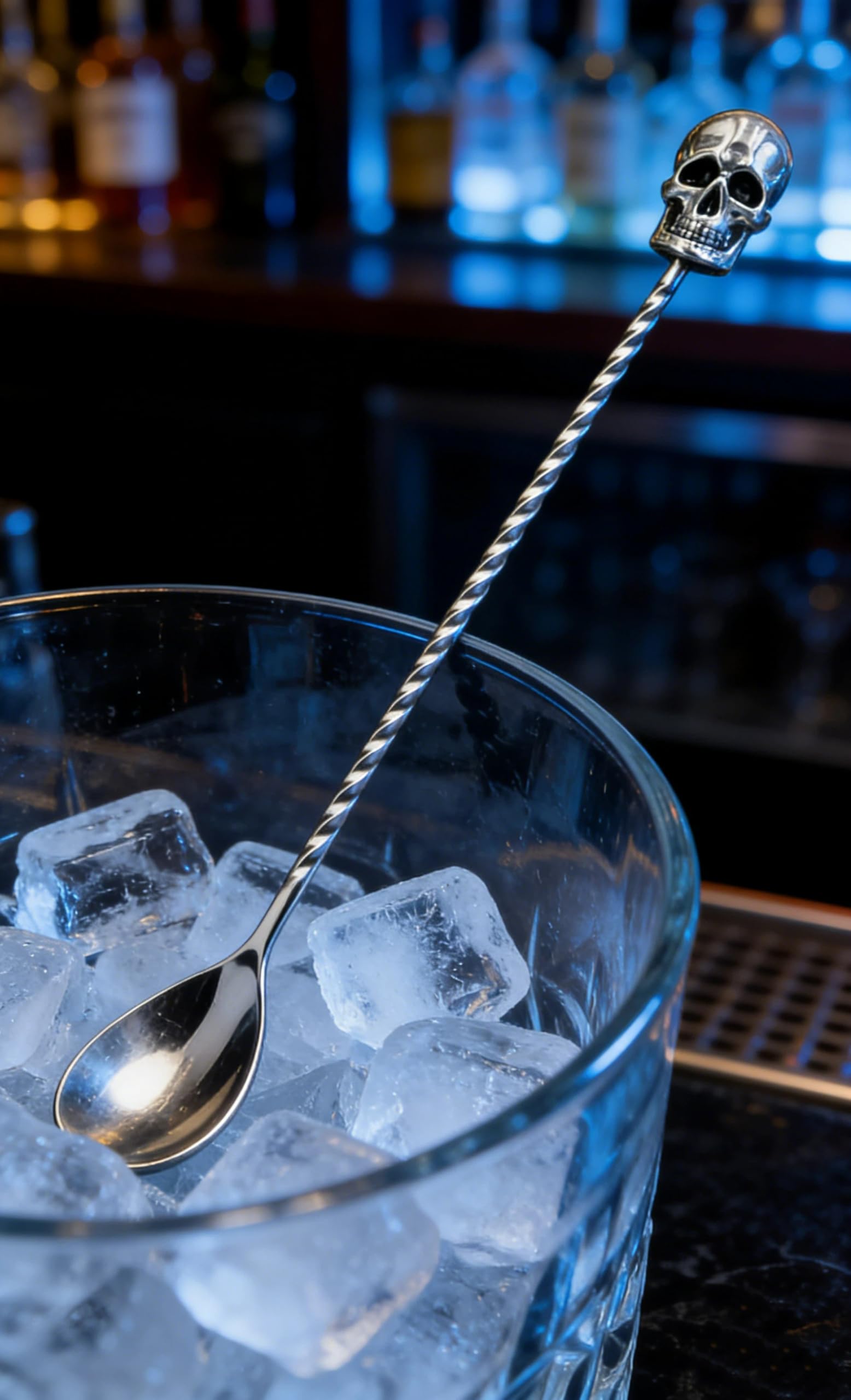 Homestia Cucchiaio da bar da 30,5 cm, cucchiaio da cocktail in acciaio inox con manico a spirale e estremità a teschio, manico lungo, per barista, stratificazione e miscelazione di bevande