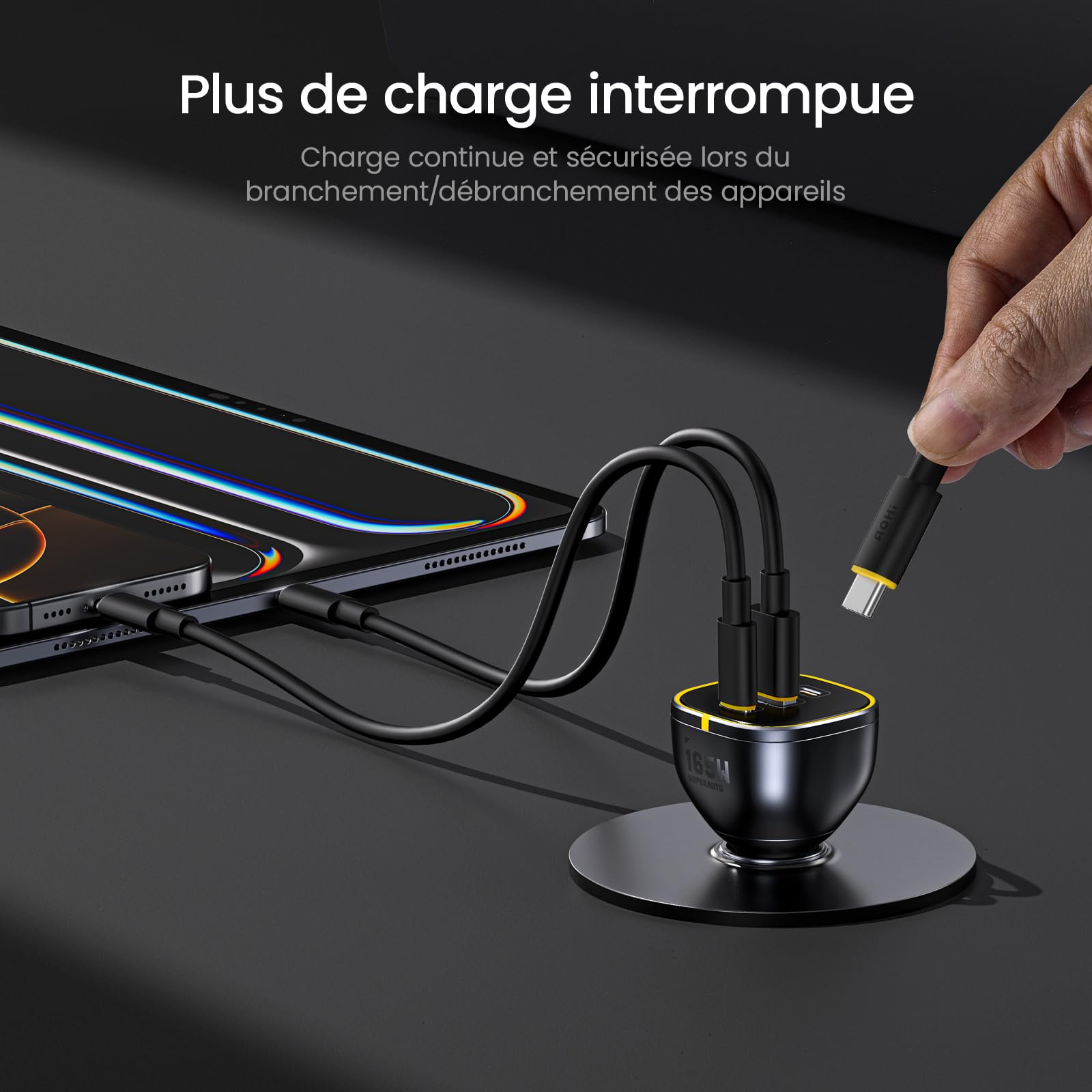 AOHI 165W Chargeur voiture pour ordinateur portable 140W PD3.1/100W PD3.0 Chargeur Allume Cigare USB C Charge rapide PPS 45W 3 ports QC5.0 avec MacBook Pro, iPhone 17/16/15, Galaxy S25/S24 Ultra, iPad