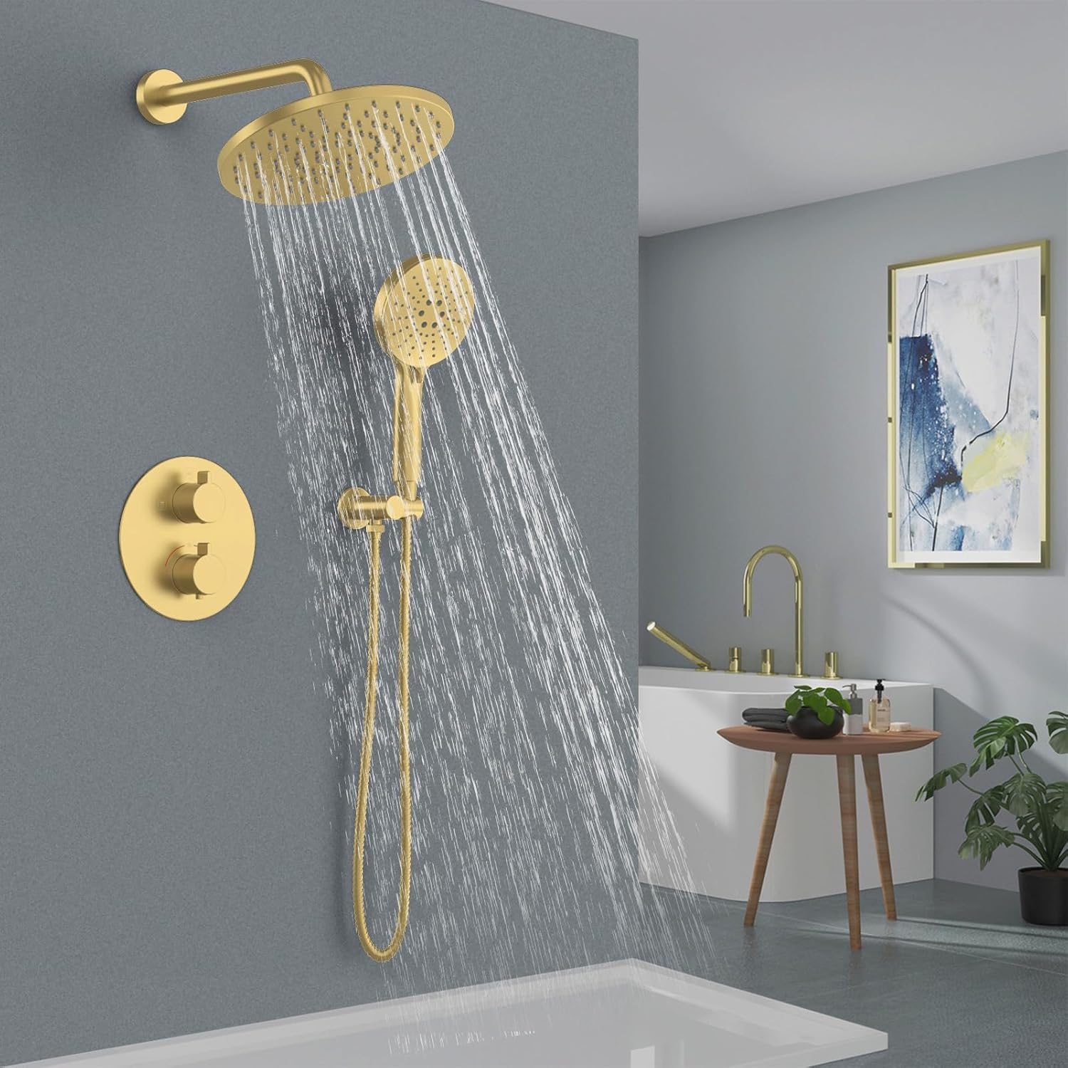 Iriber Thermostatic Shower System Wall Mount with 10 Inch Roud Rainfall Shower Head and Handheld,Shower Faucet Mixer Trim Kit (Valve Included),Brushed Gold