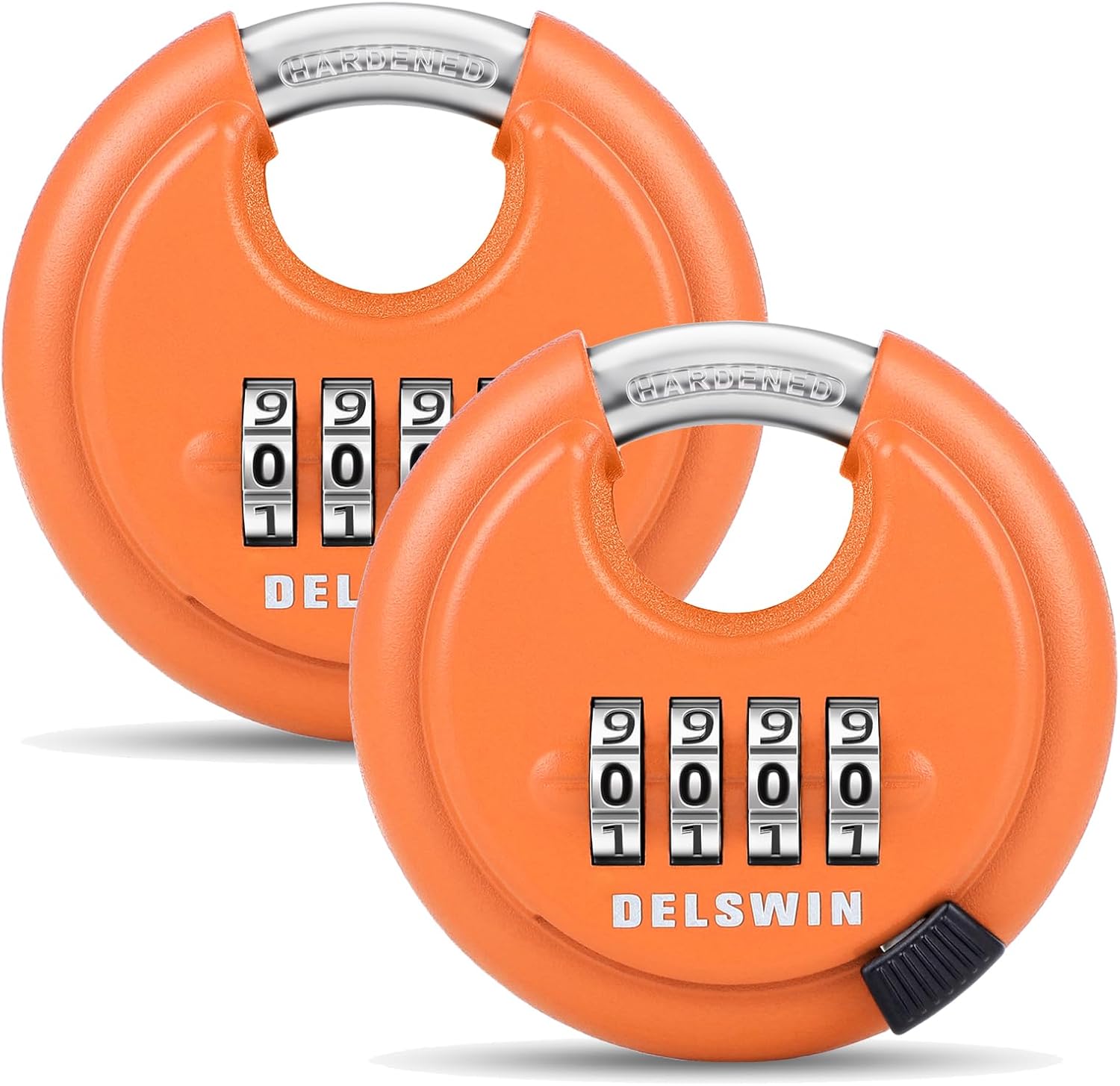 DELSWIN 4-Digit Disc Combination Lock Outdoor - Heavy Duty Combination Padlocks with Hardened Steel Shackle Weatherproof Combo Locks for Gates,Sheds,Fence,Storage Unit (3/8" Shackle, Orange, 2 Pcs)
