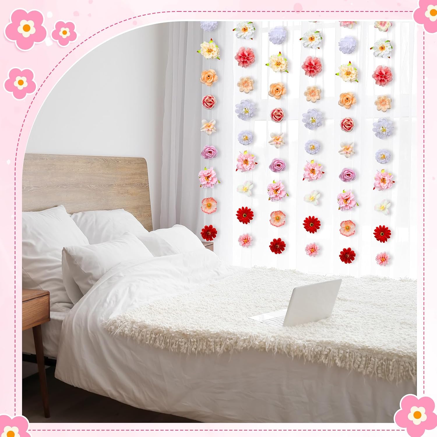 HunnmingRe 7 Pcs 5ft Artificial Flowers Garland Hanging Decorations & 10ft Spring Floral Table Runner Wedding Fake Rose Background Seasonal Wildflower Tulle Table Runner for Home Room Garden Arch