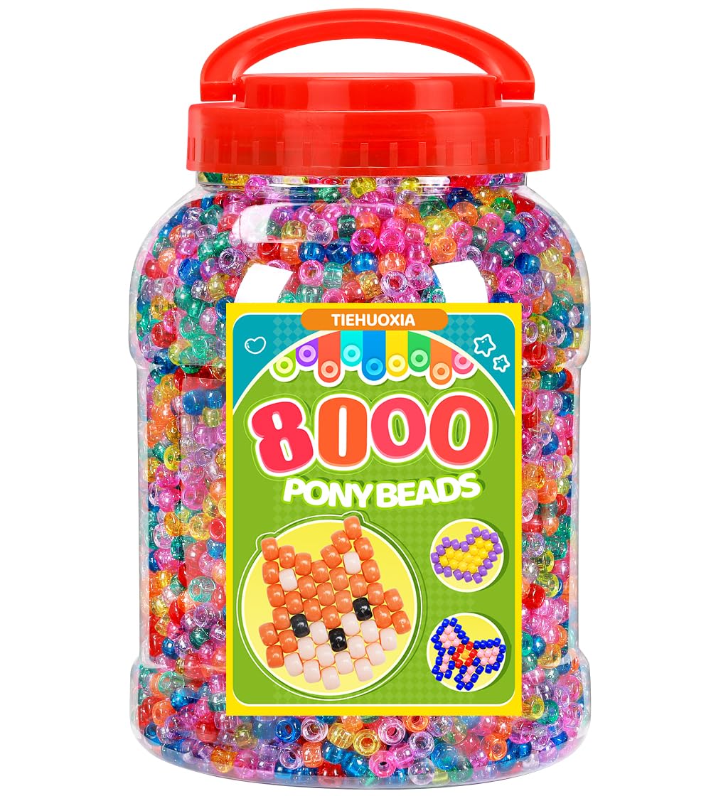 Tiehuoxia 8000 PCS Pony Beads for Bracelet Making, 6Γ9 mm Plastic Bead, Colorful Kandi Beads for Hair Braids, Crafting, Necklace and DIY Projects (Glitter)