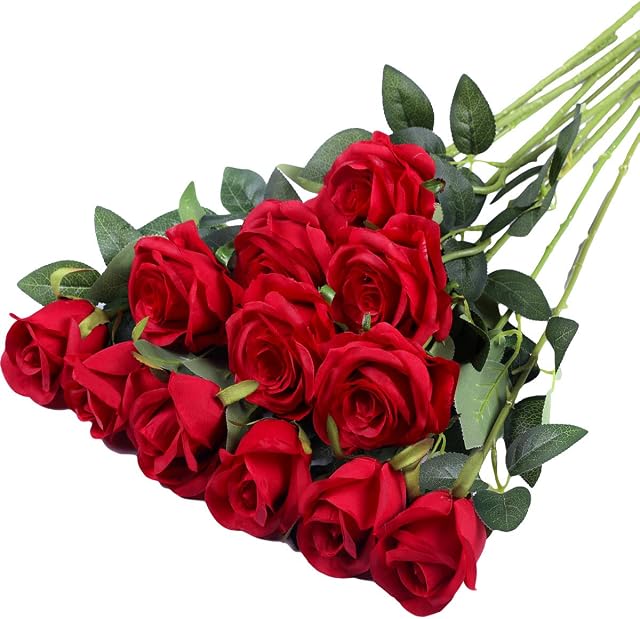 Hawesome 12PCS Artificial Roses Fake Flowers Single Long Stem Blooms with Rose Buds Wedding Decoration Bridal Bouquet Decorative Flower Arrangement Home Decoration Party Centerpieces in Red