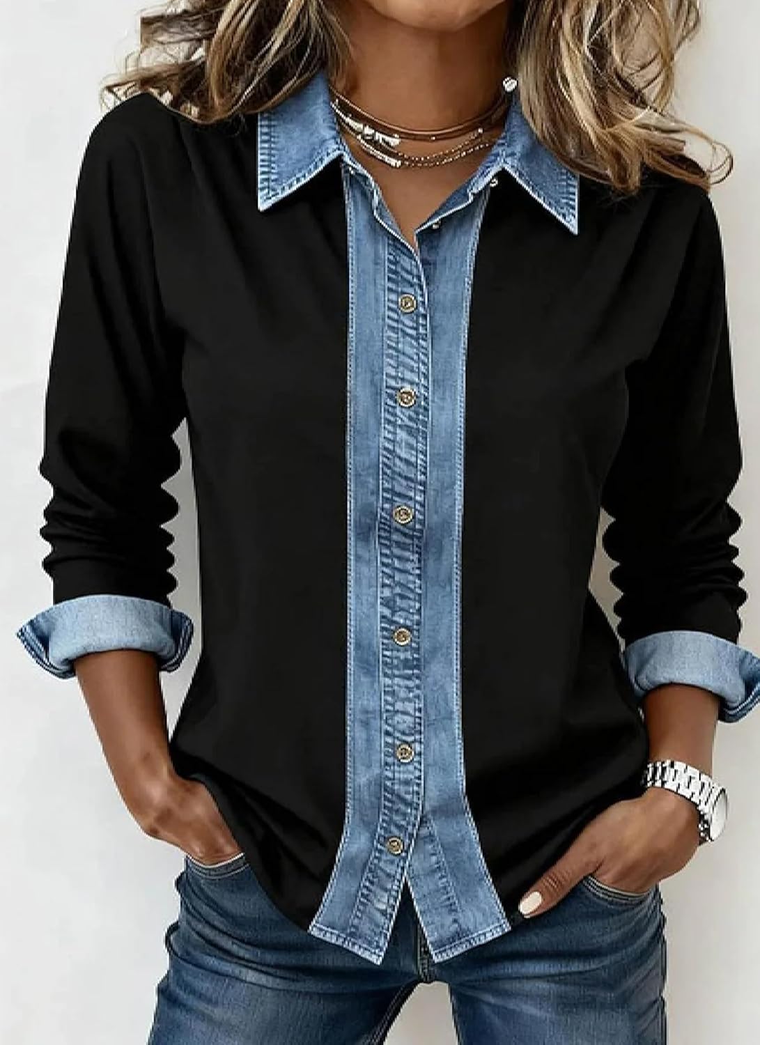 Women's Denim Collar Button Down Shirt 2025 Fall Winter Fashion Casual Long Sleeve Black Going Out Pullover Shirt - Image 2