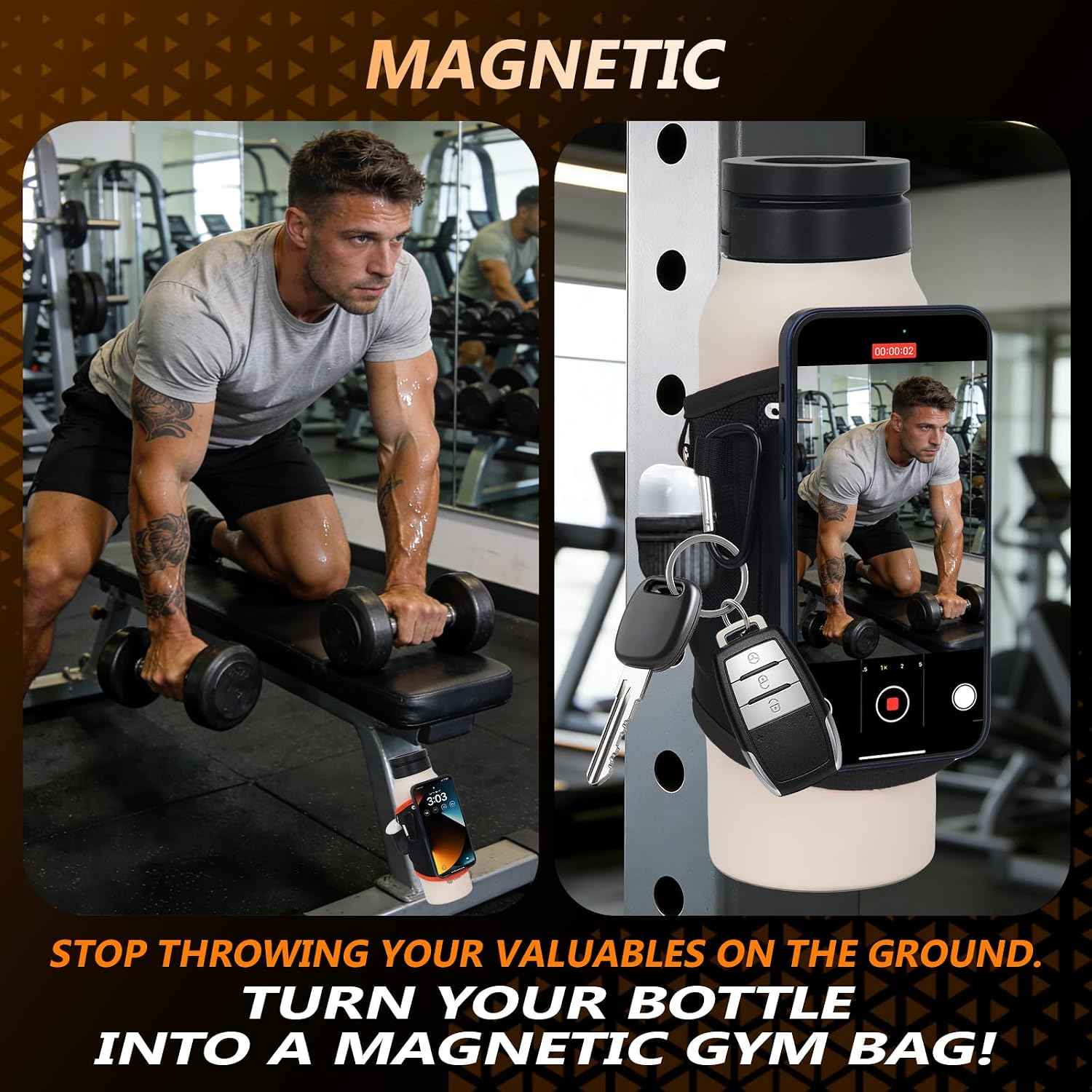 Magnetic Gym Water Bottle Bag & Holder with Magnetic Phone Pocket, Keys & Bluetooth Earphone Storage, Gym Accessories Organizer with Card & Cash Pocket