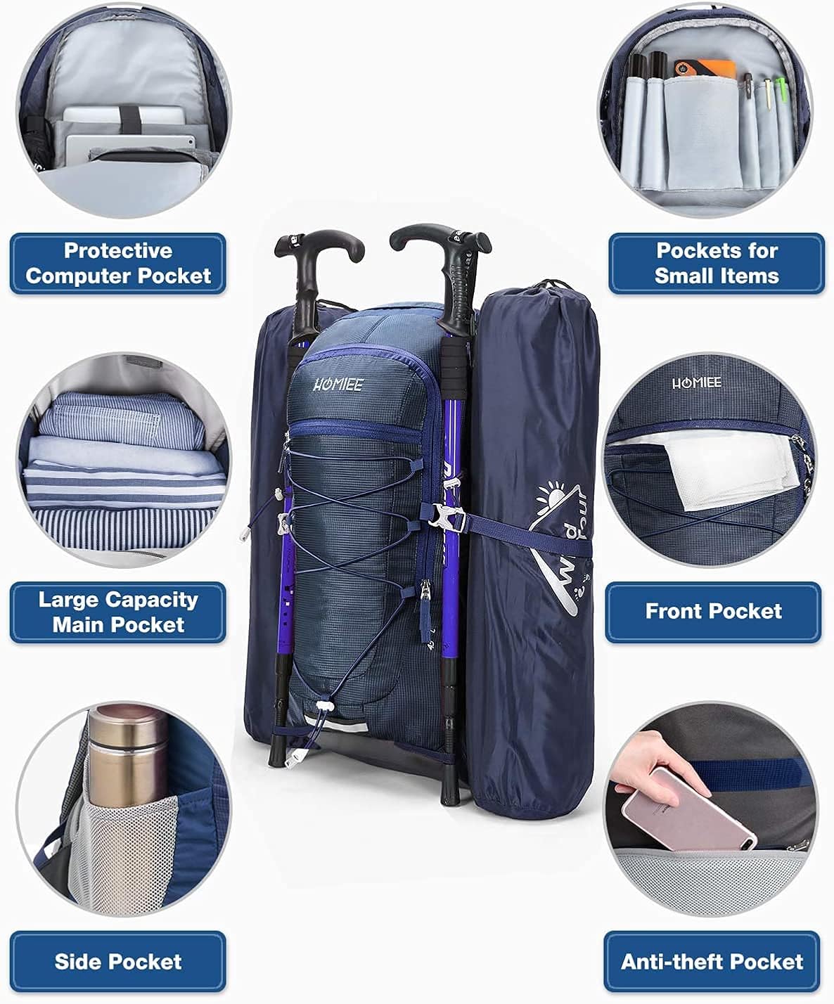 HOMIEE 45L Travel Backpack Hiking Daypack for Men Women, Waterproof Lightweight Camping Climbing Backpacking Backpacks : Sports & Outdoors