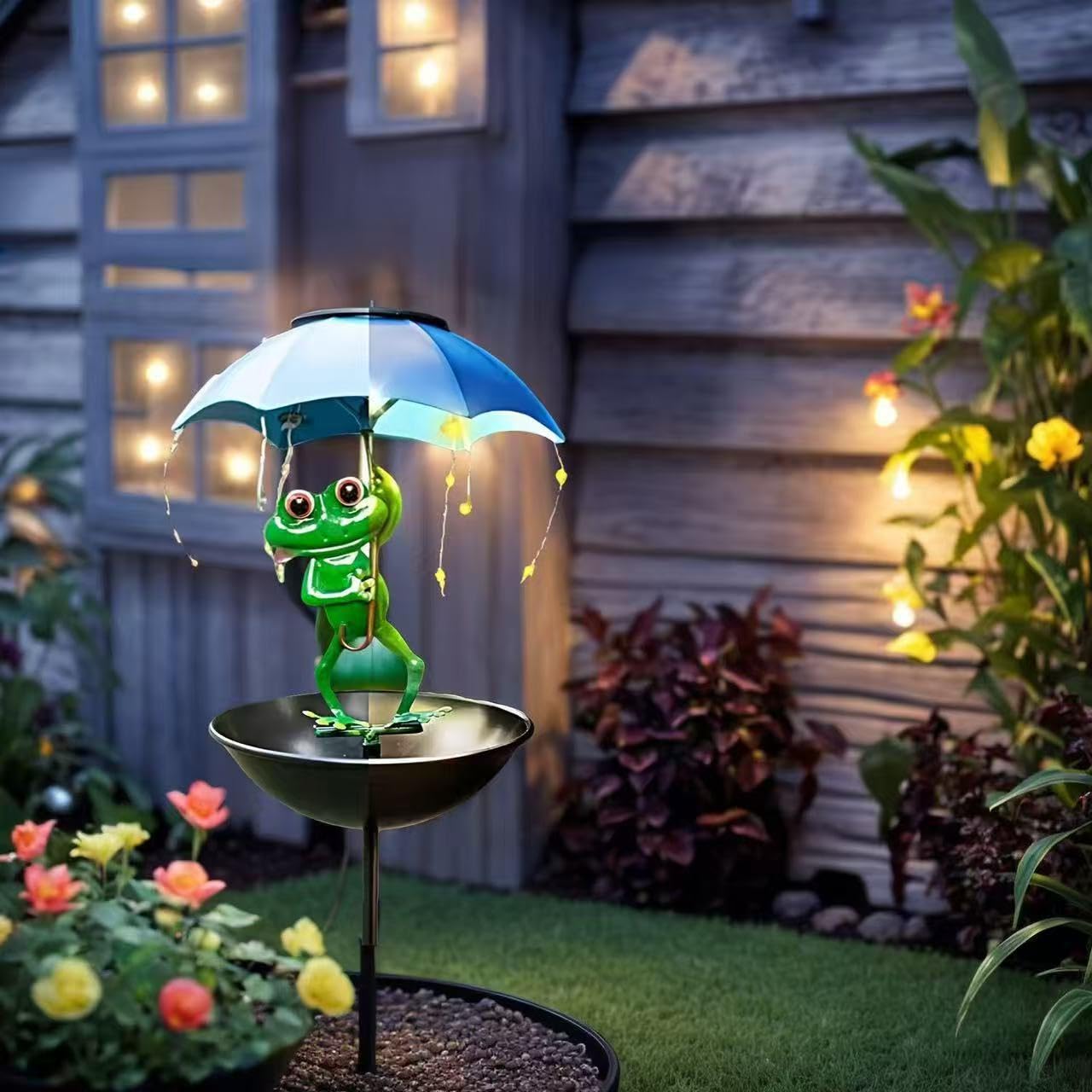 Mangiatoia per uccelli a energia solare con luci a LED, statua decorativa da giardino per esterni, mangiatoia per uccelli selvatici da appendere, in metallo, per cortile, prato, patio, impermeabile