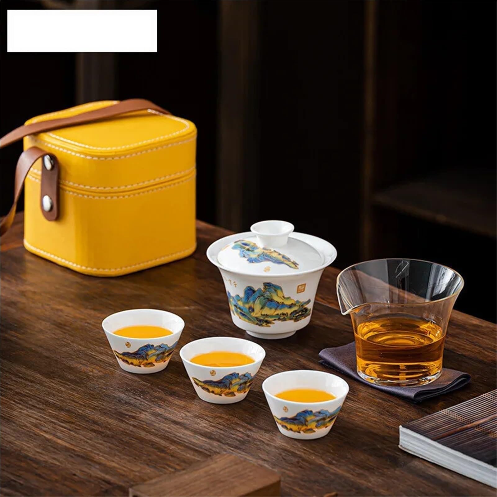 Gongfu Przenośny Podróżny Zestaw Do Herbaty Gaiwan Ceramiczny Zestaw Do Herbaty Gaiwan Z 3 Kubkami Herbaty Na Zewnątrz Camping, Domowe Biuro (F-1Set)