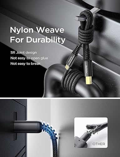 Miniatura 4 de AINOPE Cable de impresora USB C de 6.6 pies, negro, trenzado de nailon, para Yamaha, piano digital Casio, teclado, hp, hermano, impresoras Canon