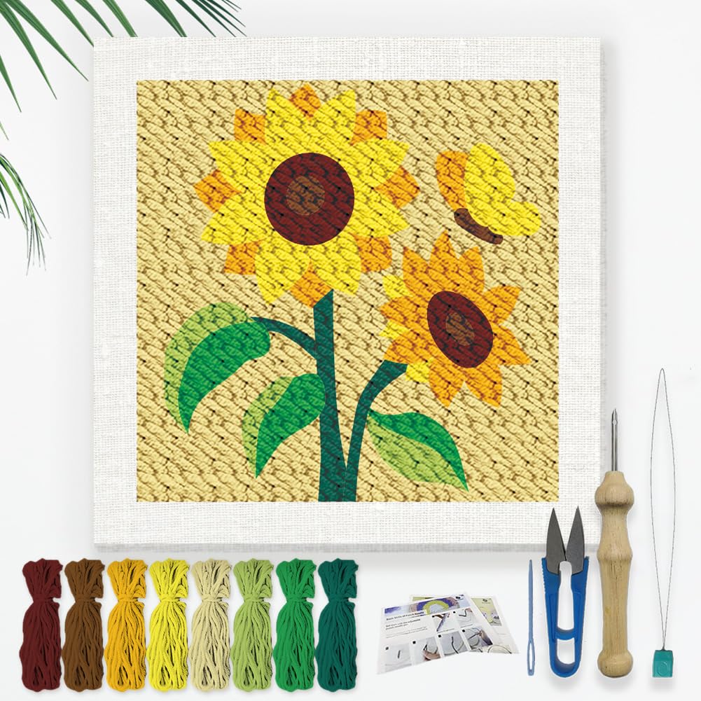 DOODLREAM Sunflower DIY Punch Needle Embroidery Kit for Adult Beginner, 24cm Sunflower Flower Punch Stitching Craft Set for Starter with Frame, Fabric Pattern, Threader, Yarn, Punch Needle