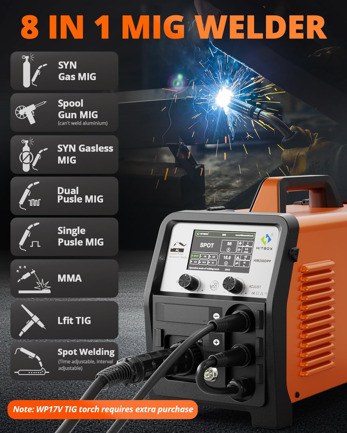HITBOX 8 in 1 Professional 200A 110V/ 220V Dual Pulse Aluminum MIG Welder, Multi-Process Welding Machine for Single/Dual Pulse MIG, Lift TIG, MMA, Spot Welding, Gas Gasless and Spool Gun Compatible