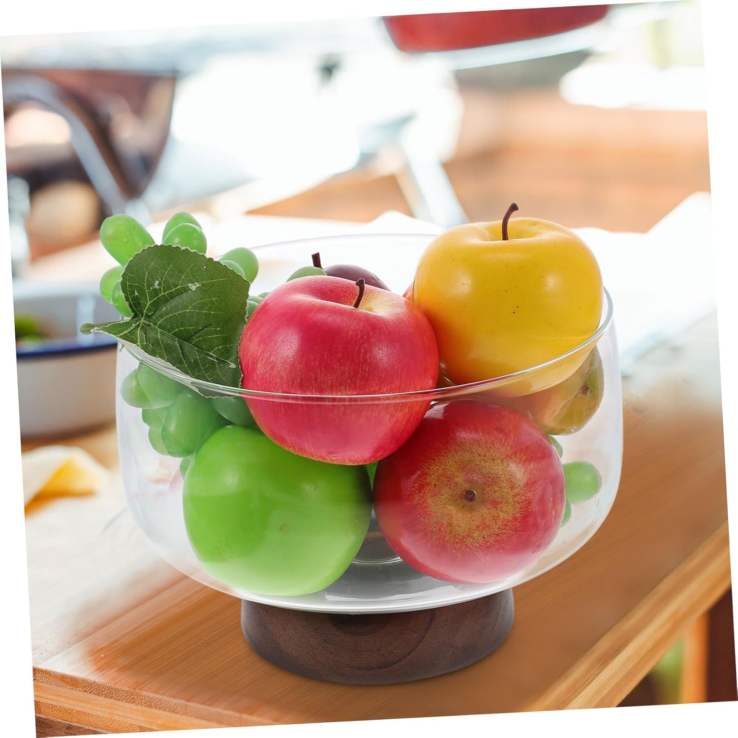 Large Modern Fruit Bowl Mesh Snack Bowl 3500ml Wooden Stand Clear Glass Fruit Basket for Table