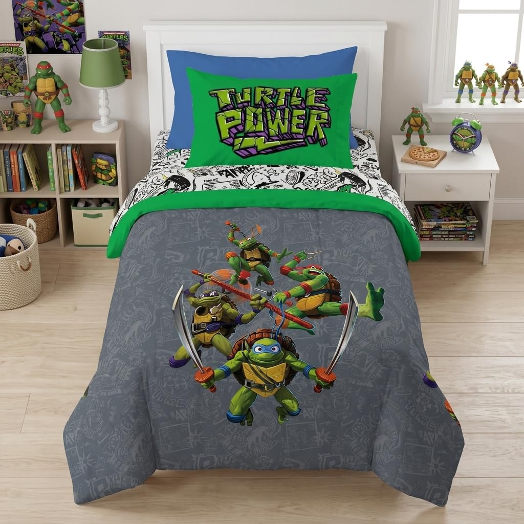 Jay Franco Teenage Mutant Ninja Turtles Kids Full Bed in a Bag, Comforter and Sheets, White, Nickelodean
