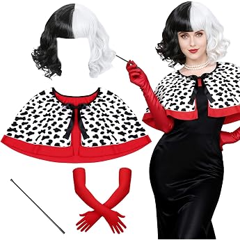 4 Piece Cruella Costume Women's Set Halloween Cruella Devil Costume Set with Cape Black and White Wig Red Gloves and Long Bar for Halloween Carnival Cosplay Party Accessories