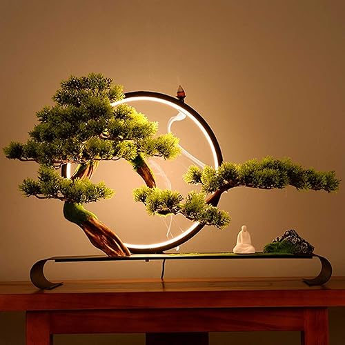 Árbol artificial con anillo de lámpara, pino de bienvenida zen en maceta sintética con incienso de reflujo, simulación realista, planta verde bonsái
