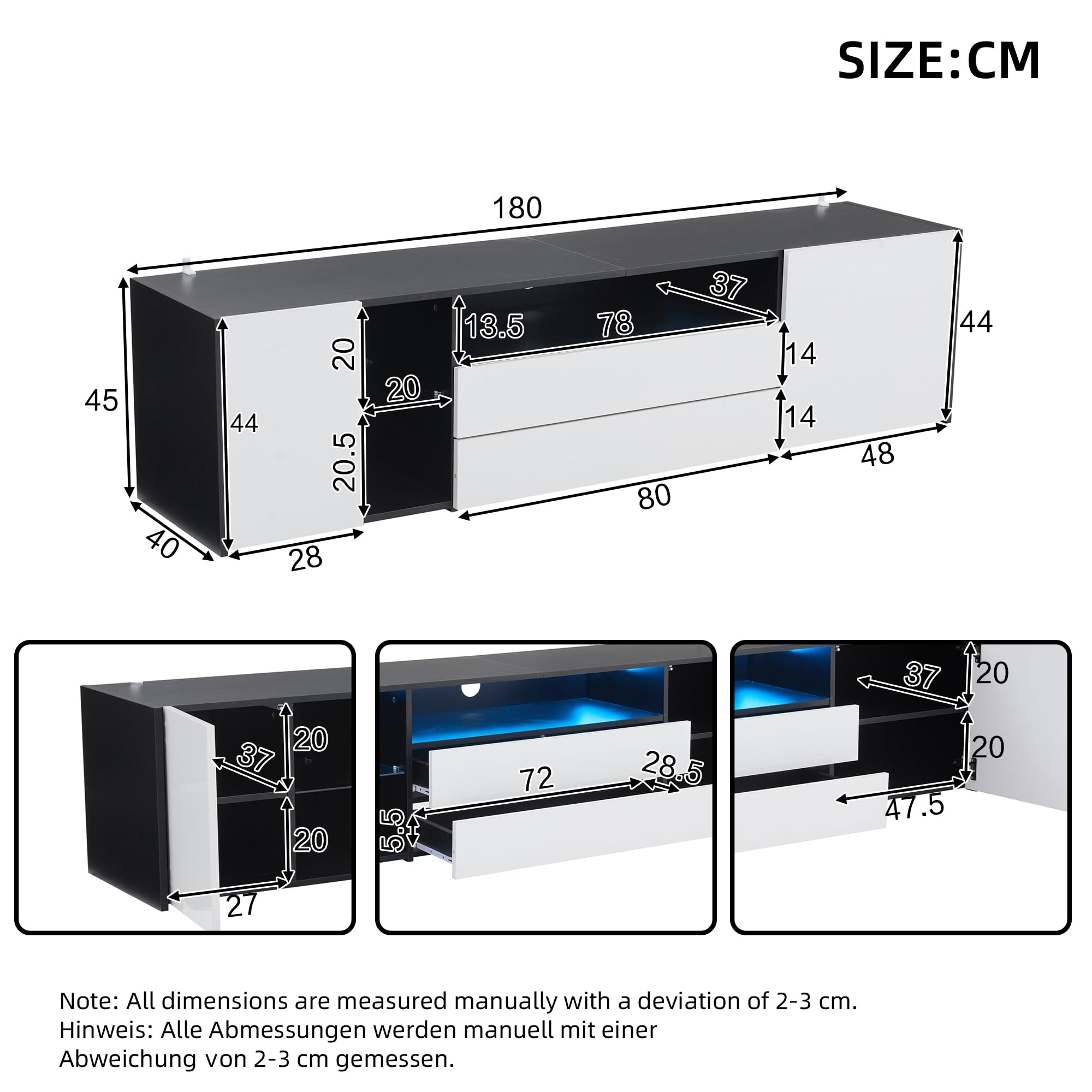 Mobile TV, TV Board,TV Board,LED lucido, supporto TV con 2 cassetti e 2 armadi, adatto per TV da 75", giuntura bianca e nera