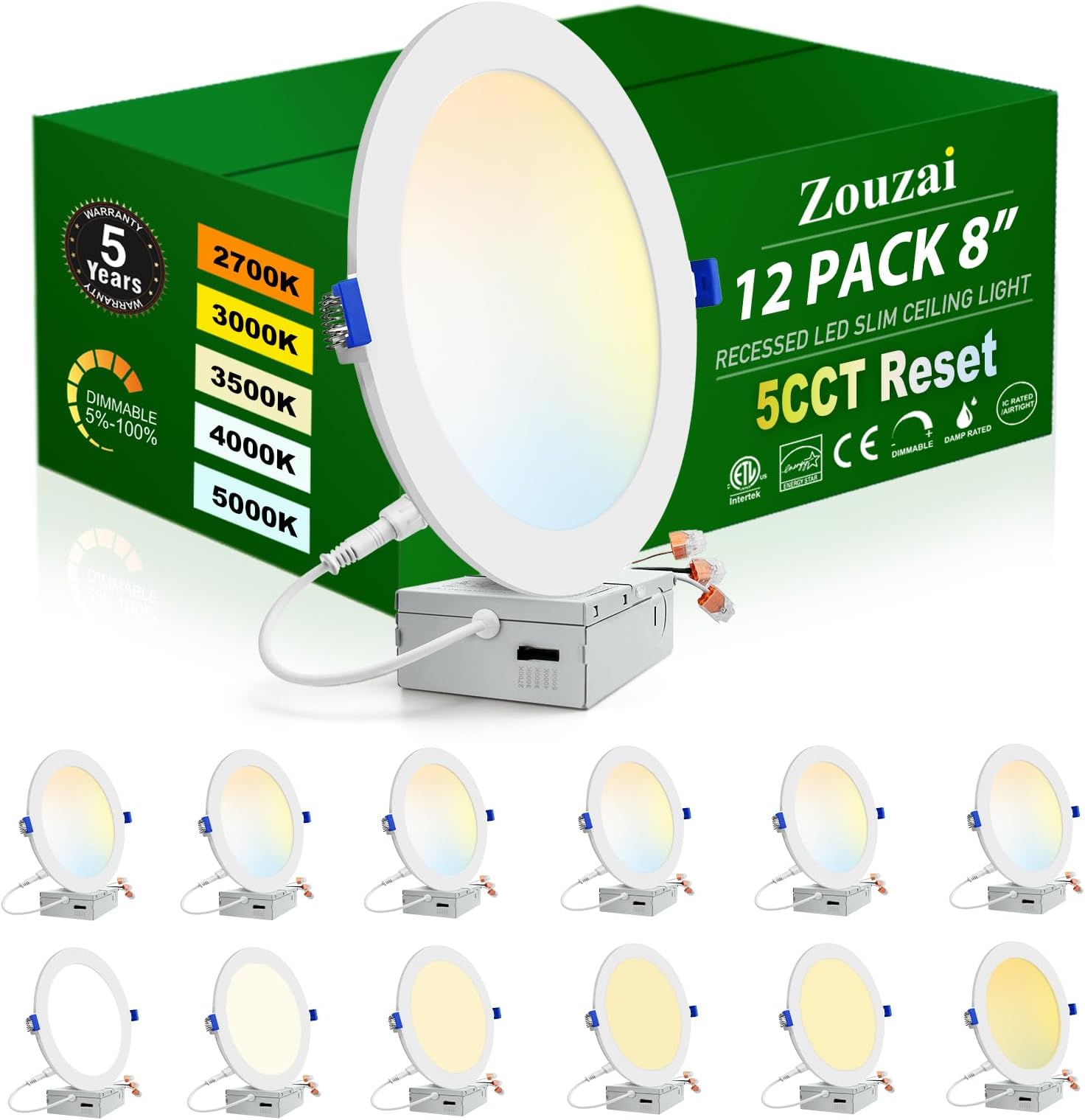 zouzai 12 Pack White 8 inch 18W 1620LM 5CCT Reset Ultra-Thin LED Recessed Ceiling Light with Junction Box, 2700K/3000K/3500K/4000K/5000K Selectable,Dimmable - ETL and Energy Star Certified
