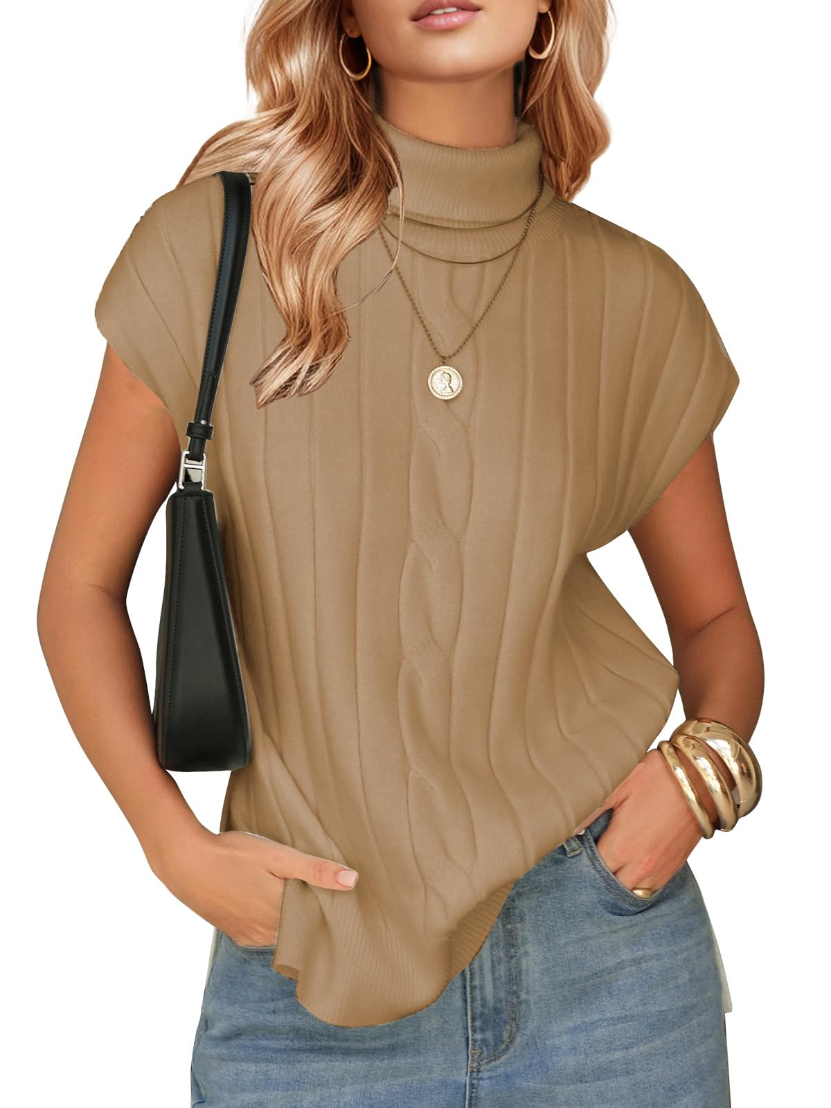 EXLURA Womens Turtleneck Sleeveless Sweater Vest Casual Short Cap Sleeve Knit Pullover Tank Tops 2025 Fashion Fall Clothes