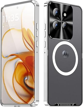 Magnetic for Motorola Edge 50 Case Compatible with MagSafe Charger Ultra Slim Matte PC Back Metal Frame Bumper Scratch Resistant Safety Lock Shockproof Protective Case, Silver
