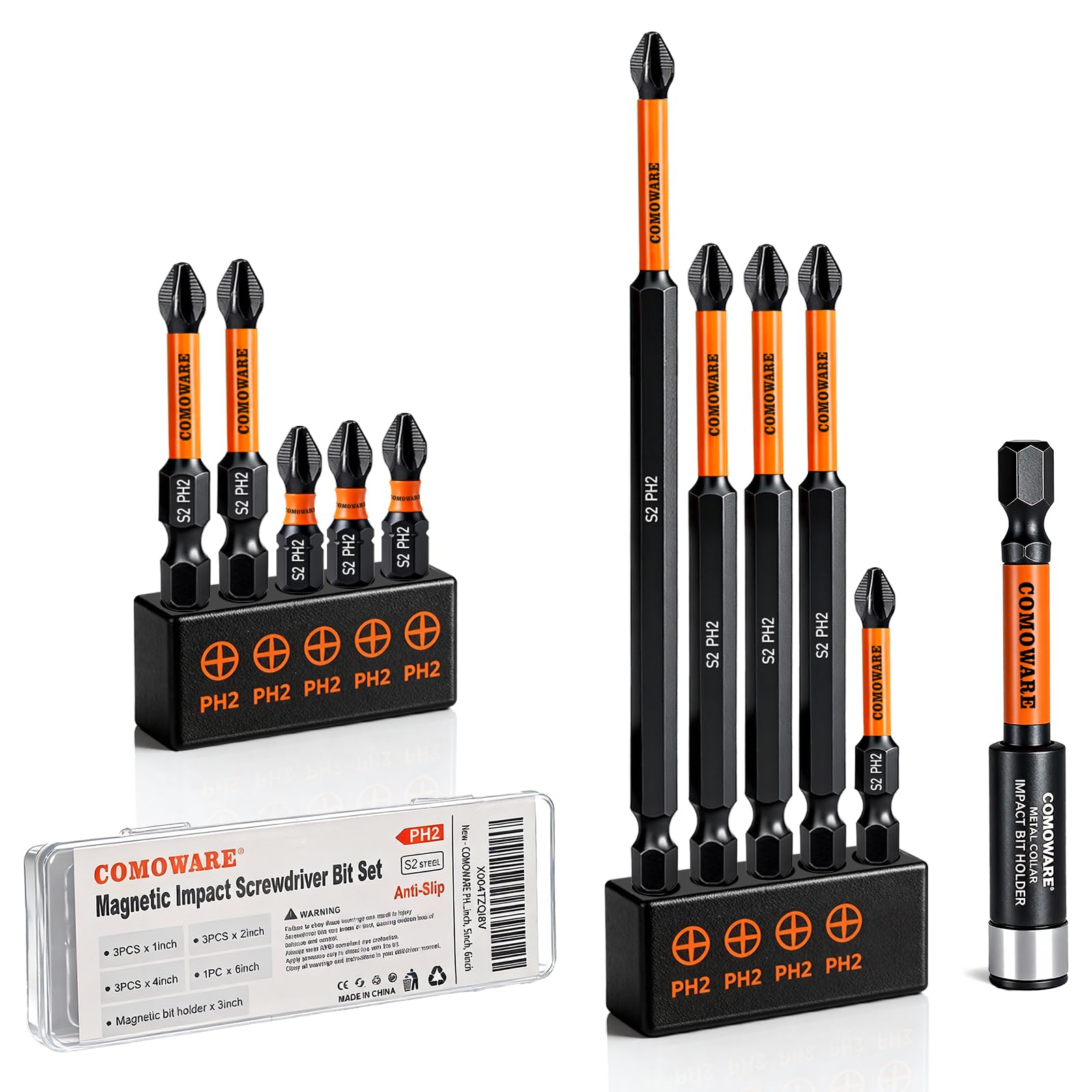 COMOWARE 11pcs Phillips Impact Screwdriver Drill Bits #2, S2 Steel 1/4" Hex Bit Set, Anti Slip Screwdriver Bits, 1-6" Length, CNC Tip Magnetic Drill Bit Magnetic Bit Holder for Power Drill