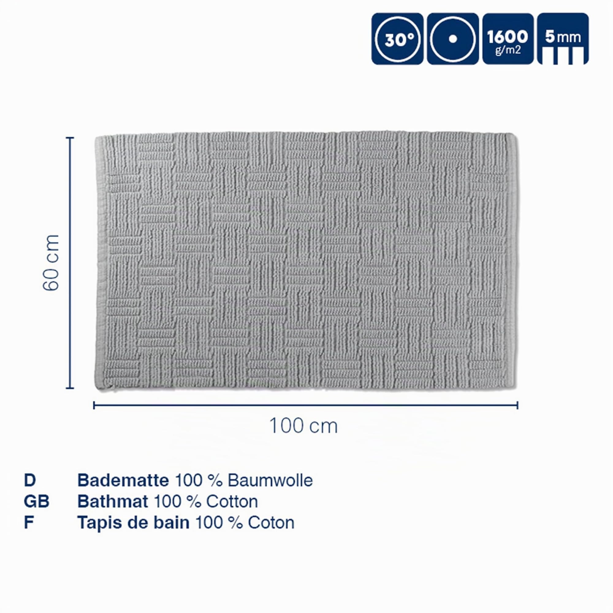 kela Badematte rutschfest 60 x 100 cm LEANA, Badezimmerteppich grau, waschbar, 100% Baumwolle, Badvorleger in Flechtoptik, felsgrau
