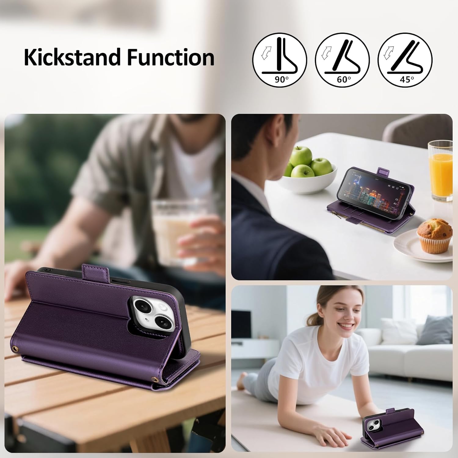 Antsturdy Compatible with Magsafe Magnetic 2 in 1 Detachable iPhone 14 Wallet Case with Credit Card Holder Slots,PU Leather Flip RFID Blocking Phone Cover Wrist Strap Zipper Women Men,Purple - Image 6