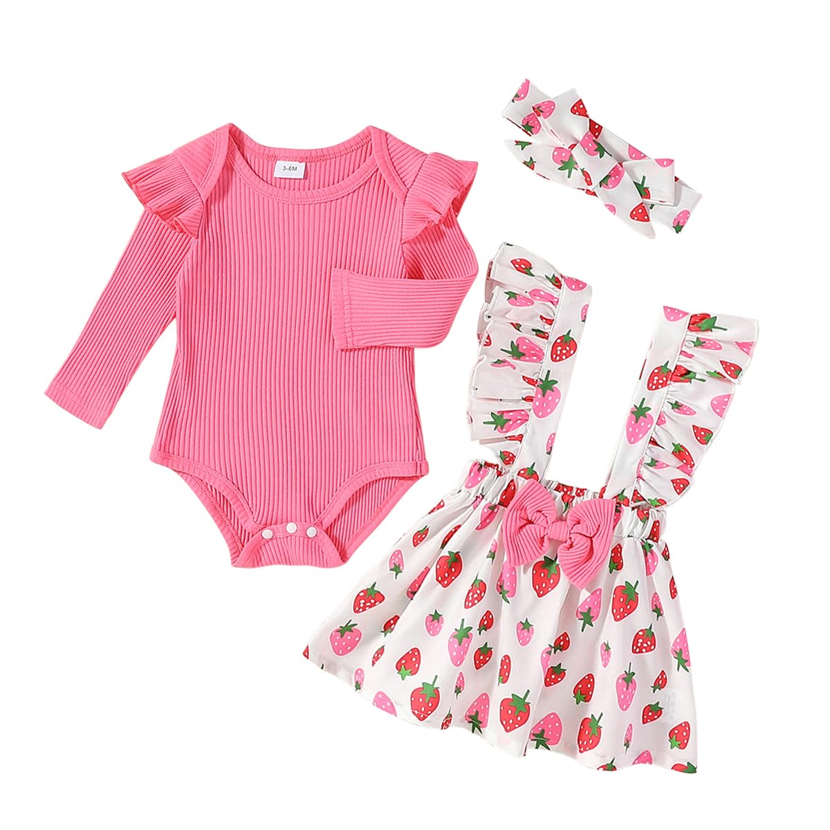 Gaono Newborn Baby Girl Overall Skirt Outfit Long Sleeve Ribbed Romper Strawberry Print Suspender Skirt 3Pcs Cute Clothes (A-Dark Pink, 0-3 Months)