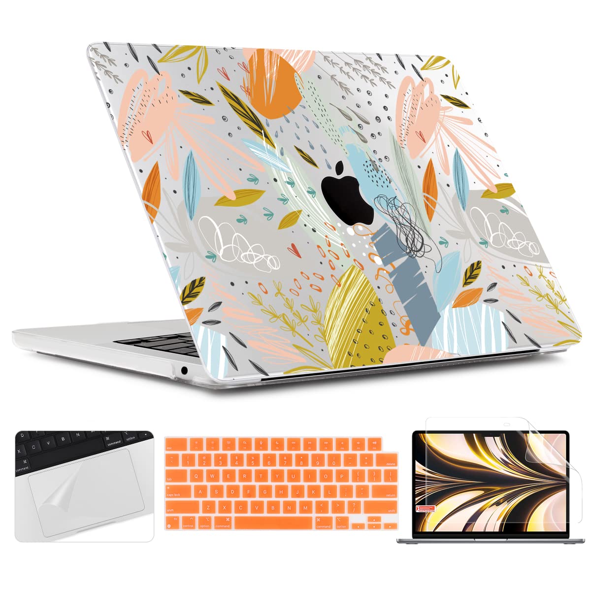 TWOLSKOO for M2 MacBook Air 13.6 Inch Case 2022 A2681 with Touch ID, Plastic Hard Shell Cover with Screen Protector & Keyboard Cover & Trackpad Film for MacBook Air 13 M2 2022, Doodle Floral