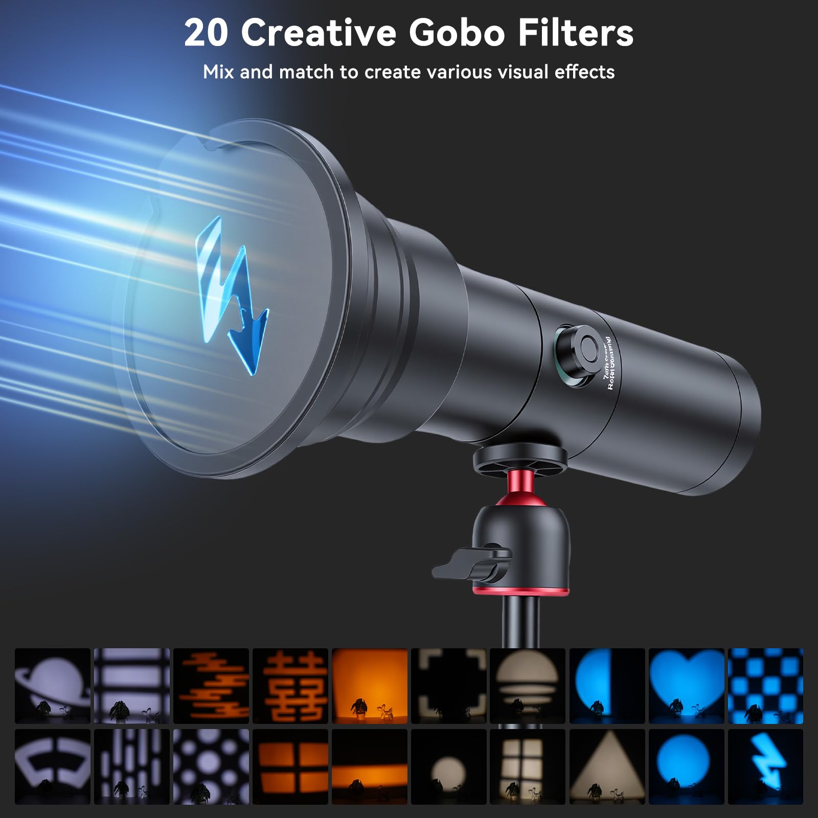 UTEBIT 12W Lumiere Tourche Photo 4 Filtres Couleur 7500mAh avec 20 GOBO Filtres Eclairage d'Ambiance en Alum et Diffuseur CRI95+ Portable Torche Photo pour Les Natures mortes, Les Courtes vidéos