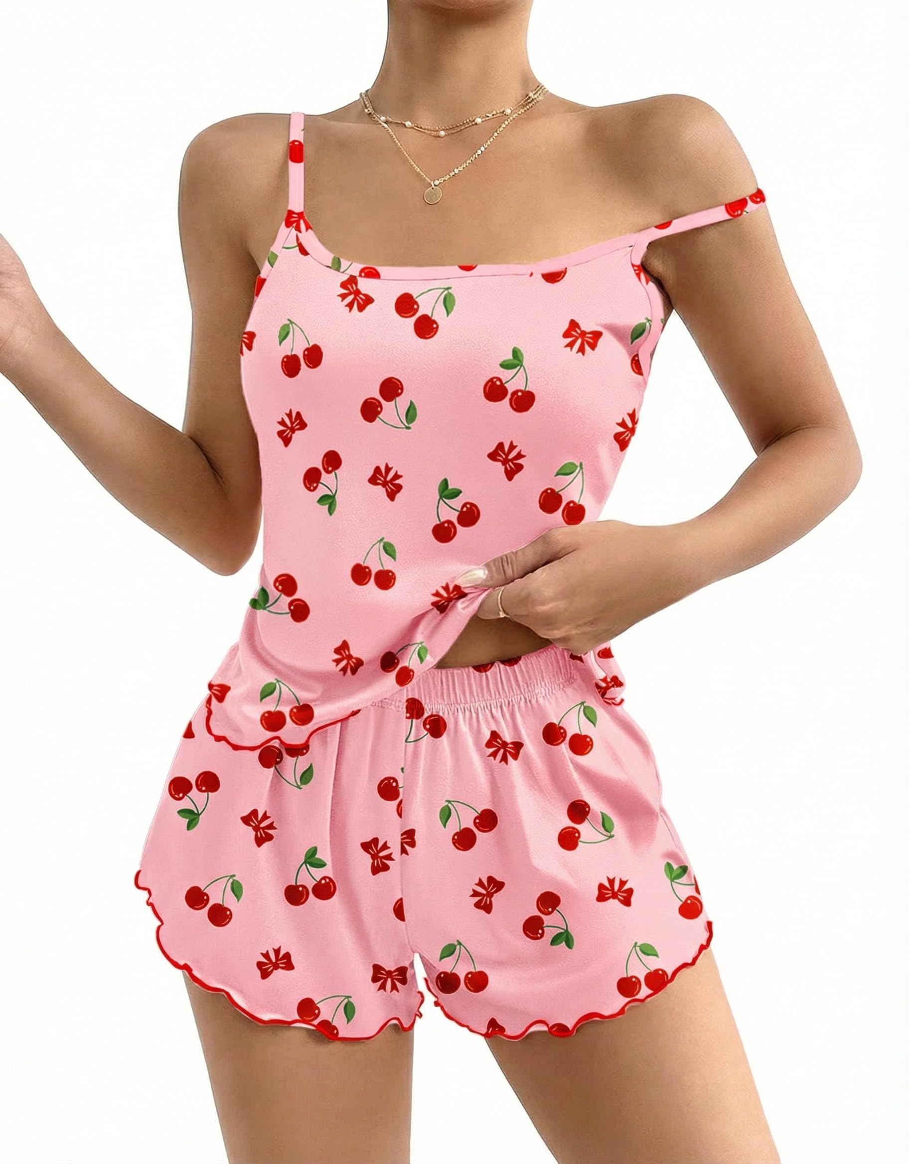 Ekouaer Schlafanzug Damen Kurz Pyjama Set Ärmellos Hausanzug Rüschen Nachtwäsche Spaghettiträger, S-XXL