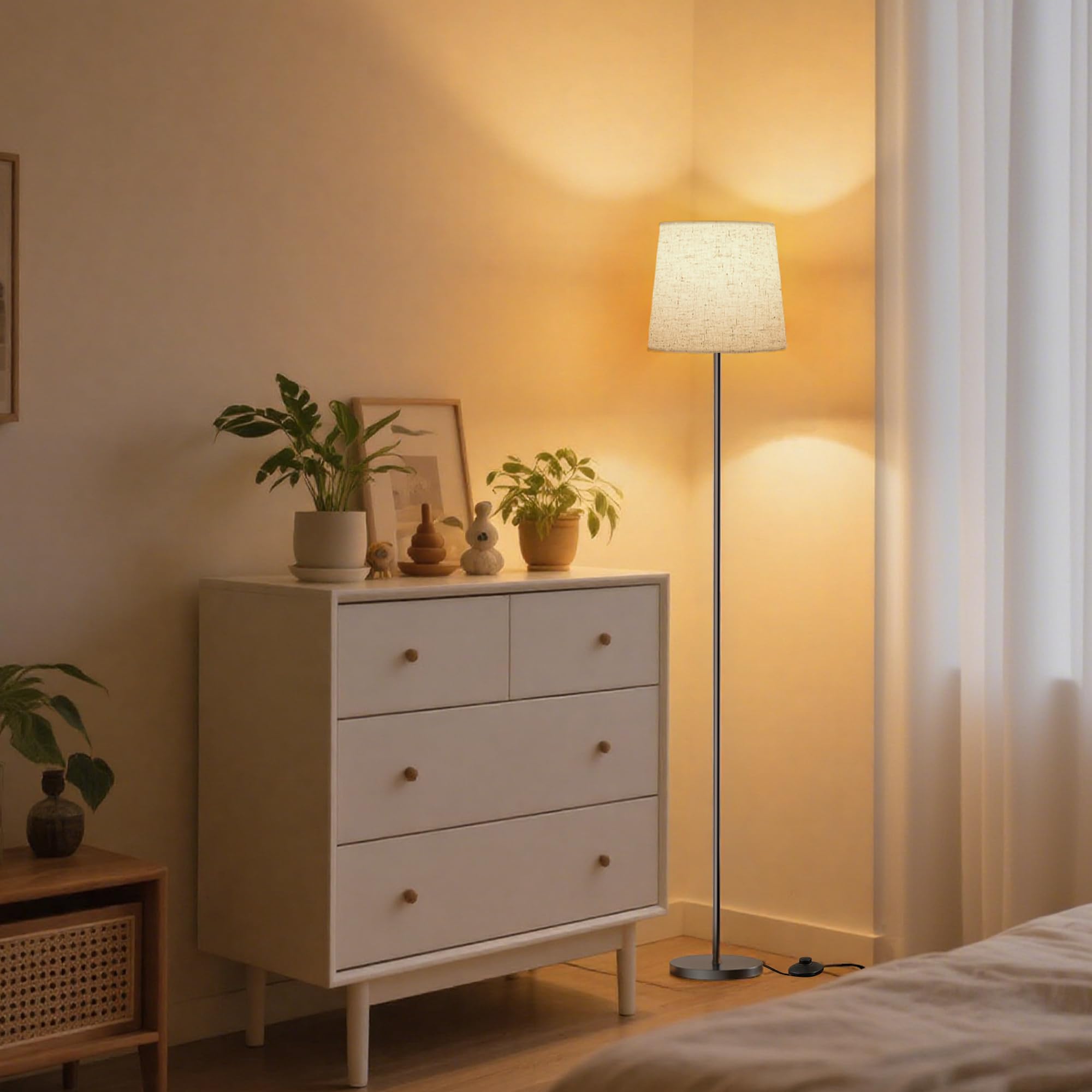 SIBRILLE Lampada da Terra Salotto, 9W con Telecomando e Interruttore a Pedale, 3000K-6000K Lampada da Lettura LED con E27 Lampadina, Lampade da Terra per Camera da Letto e Ufficio, Paralume in Lino