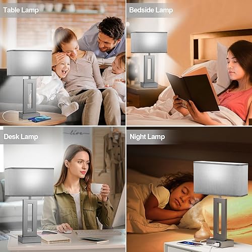 Miniatura 5 de Seealle Juego de 2 lámparas de mesa para dormitorio, lámparas táctiles grises con USB C+A, lámpara dorada regulable de 3 vías para mesita de noche,