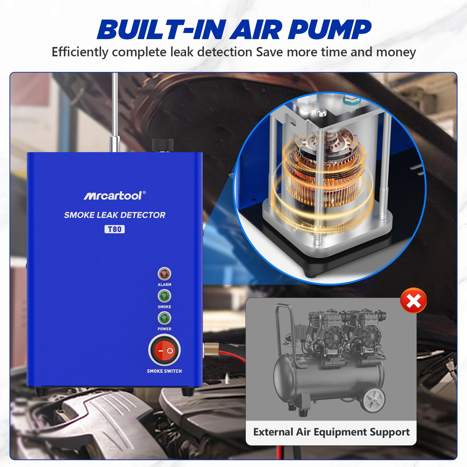 MRCARTOOL T80 Máquina de Humo EVAP Detector de Fugas de Coche con Bomba de Aire Incorporada y Medidor de Nivel de Aceite, Probador de Fugas de Combustible para Vehículos de 12V y Motocicletas