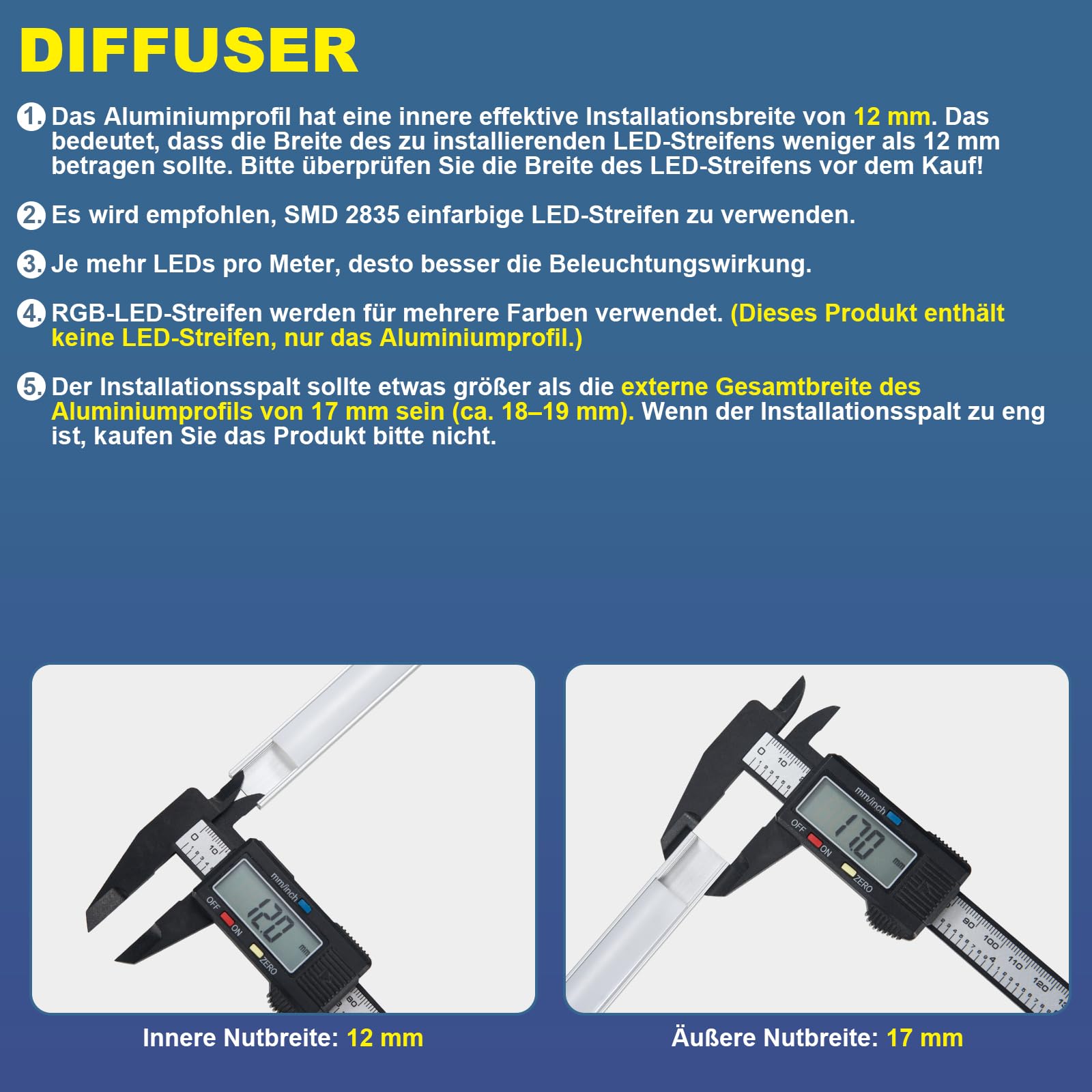 Perfil LED de aluminio 12x1 m, canales LED en forma de U para tiras LED de hasta 12 mm, difusores LED con tapas finales, clips de montaje y conectores de esquina