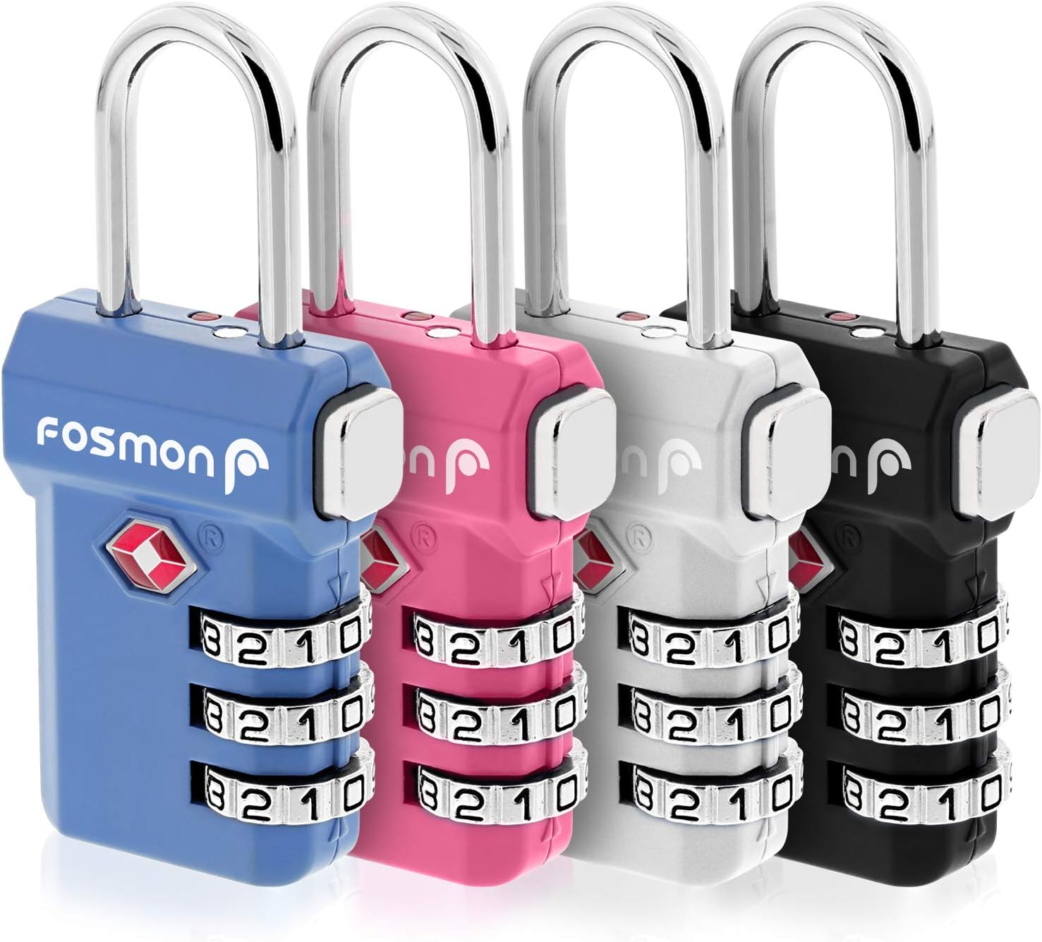 Fosmon TSA Accepted Luggage Locks, (4 Pack) Open Alert Indicator 3 Digit Combination Padlock Codes with Alloy Body and Release Button for Travel Bag, Suit Case & Luggage - Black, Blue, Pink, Silver