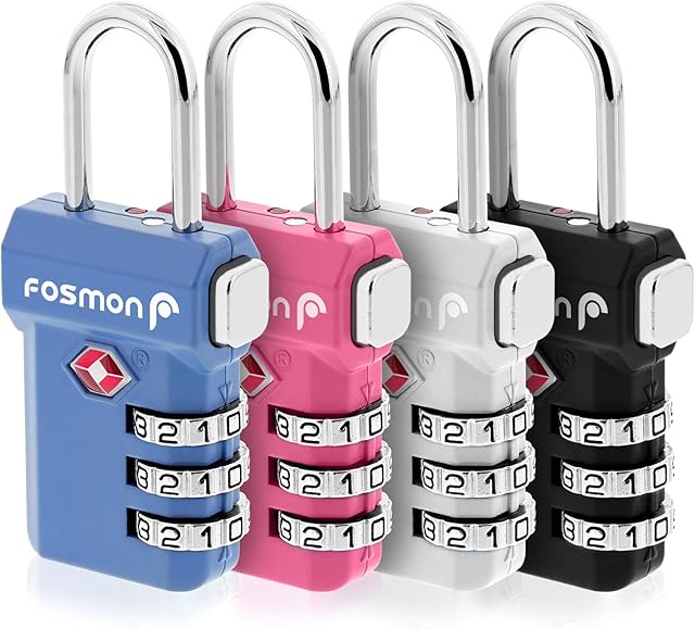 Fosmon TSA Approved Luggage Locks, (4 Pack) Open Alert Indicator 3 Digit Combination Padlock Codes with Alloy Body and Release Button for Travel Bag, Suit Case & Luggage - Black, Blue, Pink, Silver