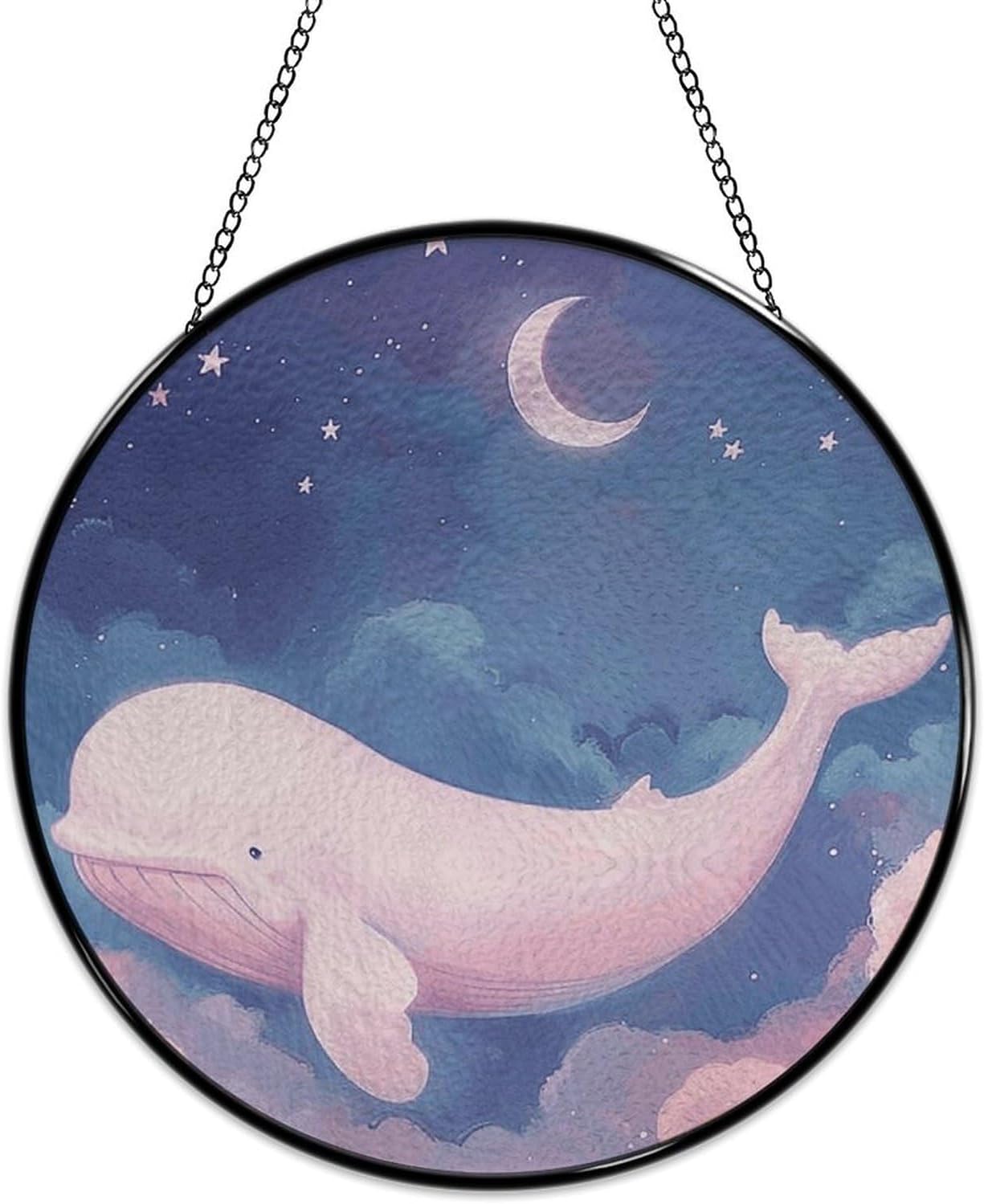 Stained Glass Window Hanging 30x30cm Window Suncatcher Glass Panel with Metal Chain Whale in CloudsSun Catchers Wall Art Home Decor Gift for Women Mother's Day