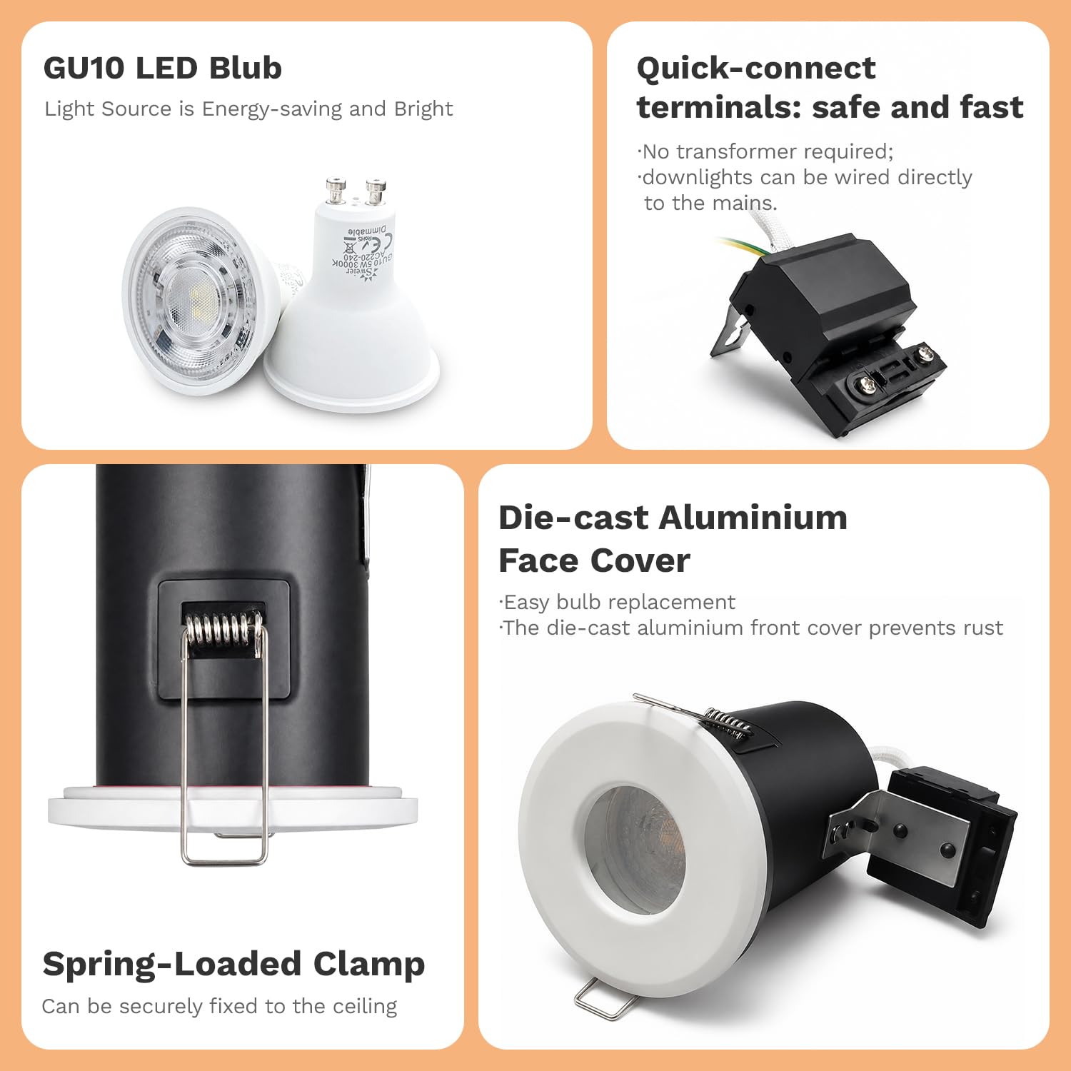 4XSweier Downlights GU10 blancs ignifugés, IP65 étanche 5W Spot blanc chaud 3000k,90 minutes Plafonniers encastrés à LED résistants au feu, Downlights GU10 230V, Découpe 70mm