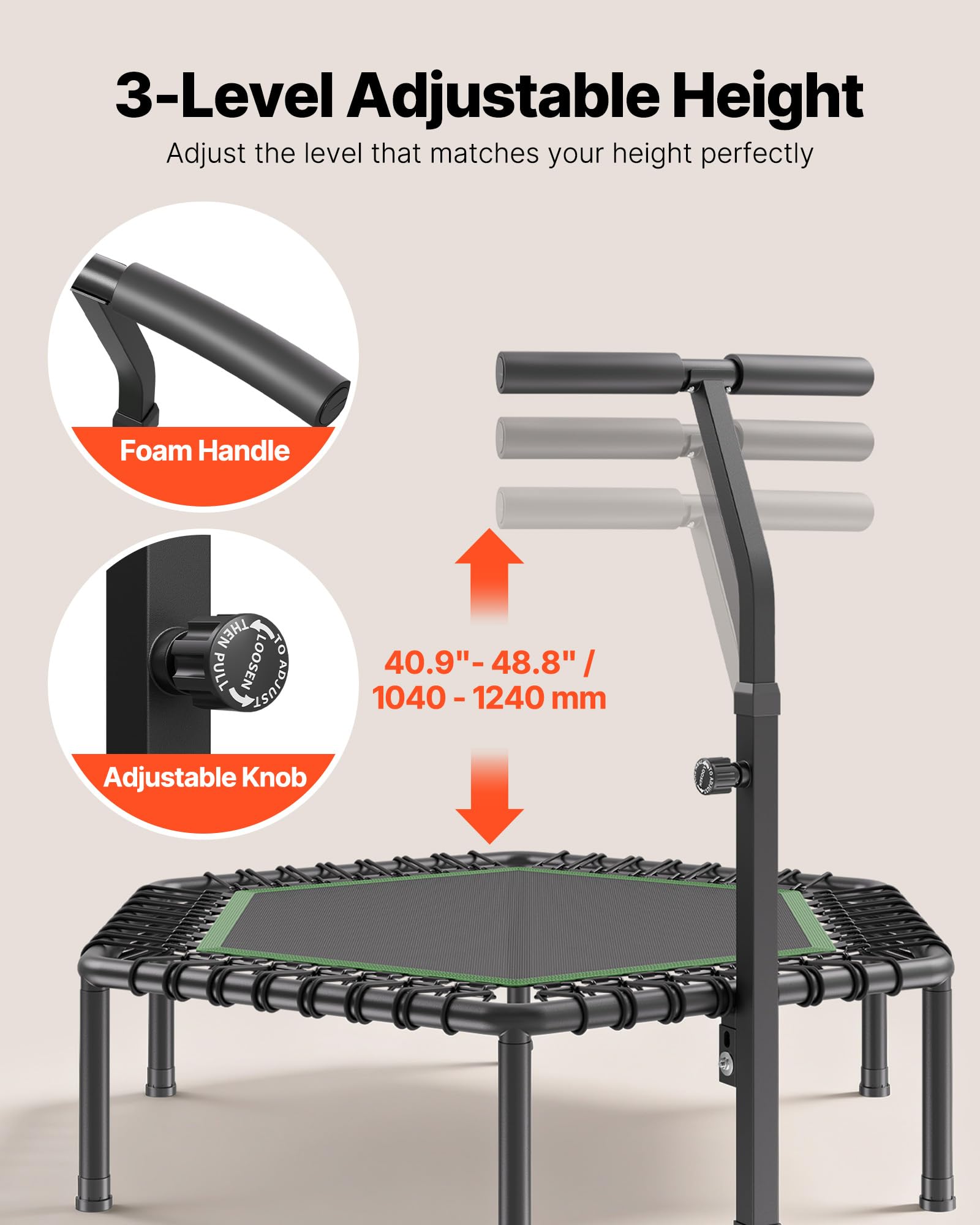 VEVOR Mini Trampolino per Fitness Esercizi da Interno 1385 mm, Trampolino Elastico Carico max 205 kg Altezza Regolabile a 3 Livelli con Maniglia in Schiuma per Esercizi Allenamento Salto per Adulti