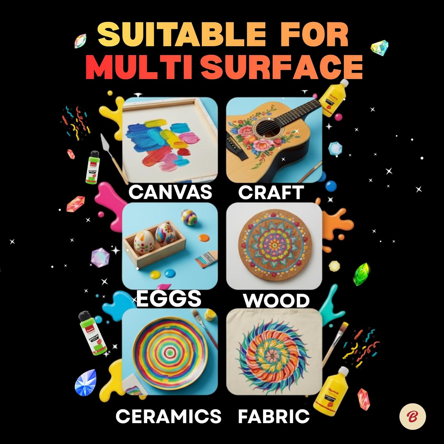 12 Colors Acrylic Paint Set, Acrylic Paint Set with 6 Brushes, 8.45oz/250ml Bottles, Paint for Artists, Beginners and Kids on Canvas Rocks Wood Ceramic Fabric