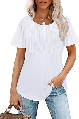 OFEEFAN Womens T Shirts Short Sleeve Pleated Dressy Casual Scooped Neck Summer T&hellip;