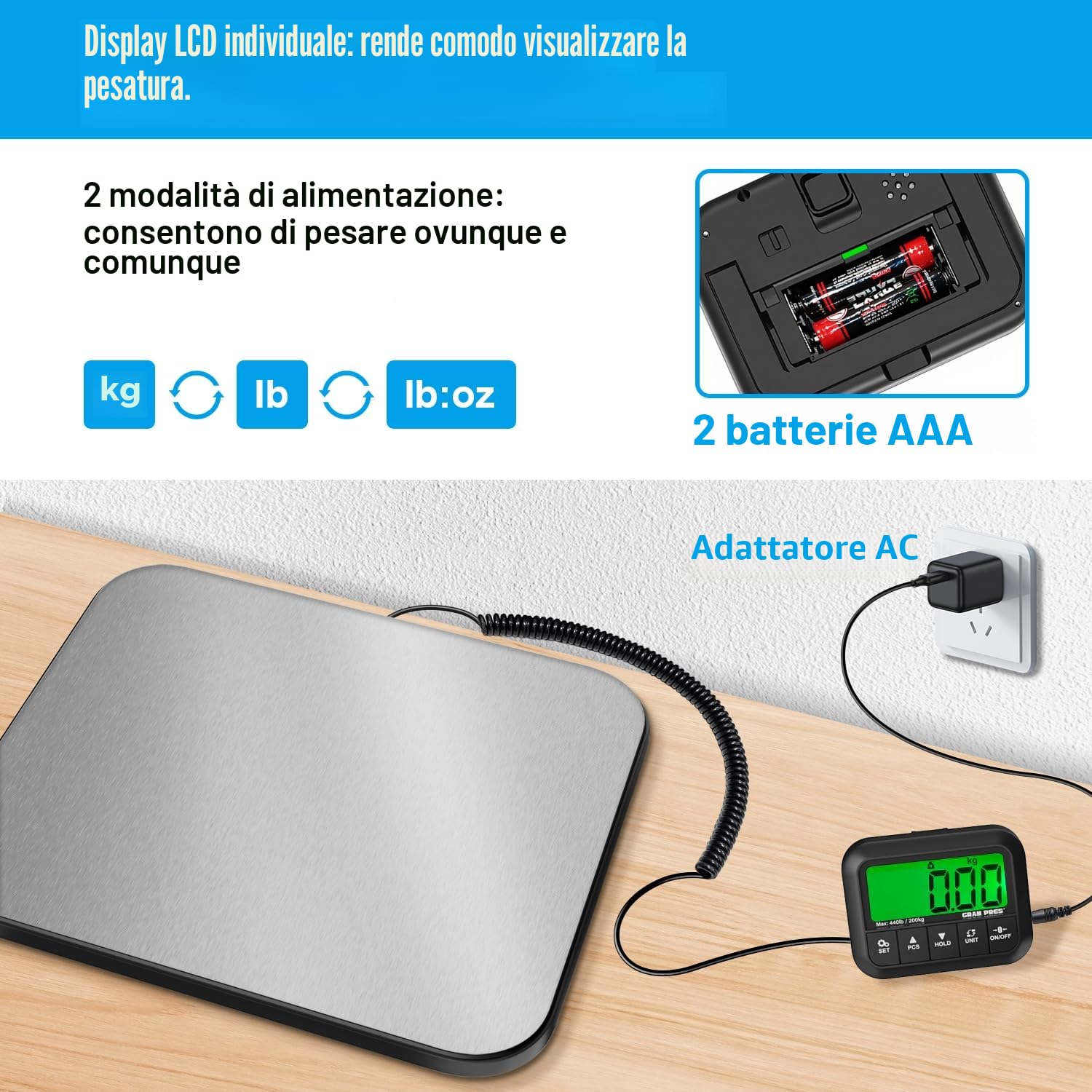 GRAM PRES Bilancia postale ad alta precisione con Hold/Tare/Pcs, 440 lbs/10 g, bilancia digitale con display LCD per pacchetti/bagagli/ufficio postale/cane, incl. batteria e cavo USB