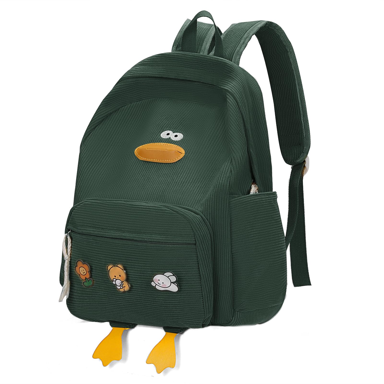 HuiLeo Cute Dcuk Backpack for Teens Girls Women, Kawaii Funny Aesthetic Corduroy Bookbag for High Middle School, Green