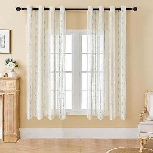 Estelar Textiler Beige Boho Farmhouse Curtains 63 Inch Length, Soft Linen Textured Embroidered Curtains for Living Room, Light Filtering Grommet Semi Sheer Drapes for Bedroom, 52Wx63L, 2 Panels
