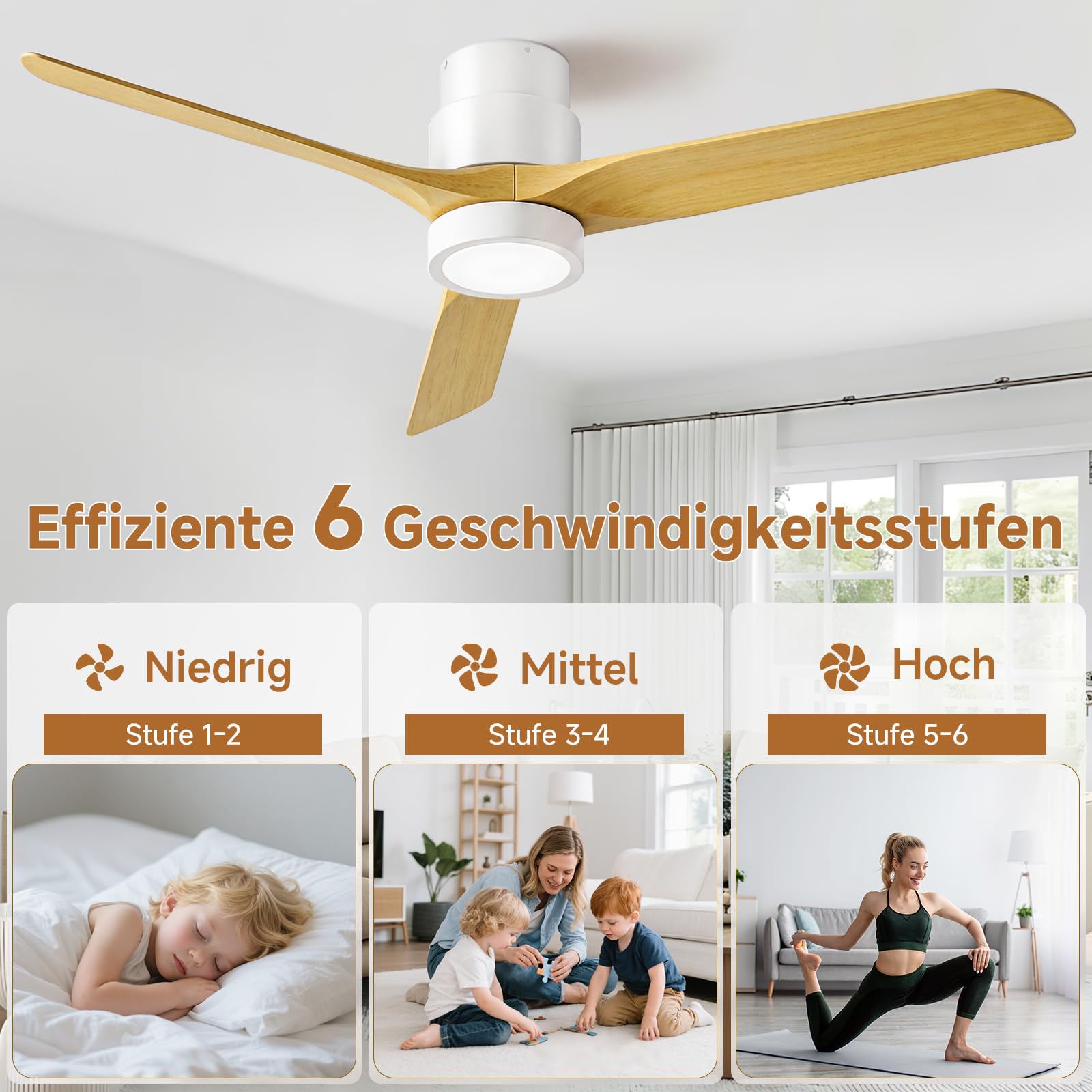 Ateroll 132 cm Deckenventilator mit Beleuchtung und Fernbedienung, DC-Motor, 6 Geschwindigkeiten, Timer, dimmbares LED, Sommer-Winterbetrieb