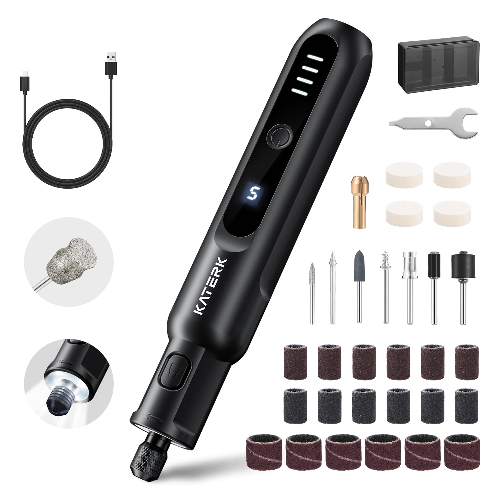 Katerk Pet Dog Nail Grinder - 5 Speed Quiet Electric Dog Nail Trimmer with 360°LED Light, 2500mAh Rechargeable, 32PCS Cordless Rotary Tool for Small Medium Large Dogs & DIY Sanding, Carving (Black)
